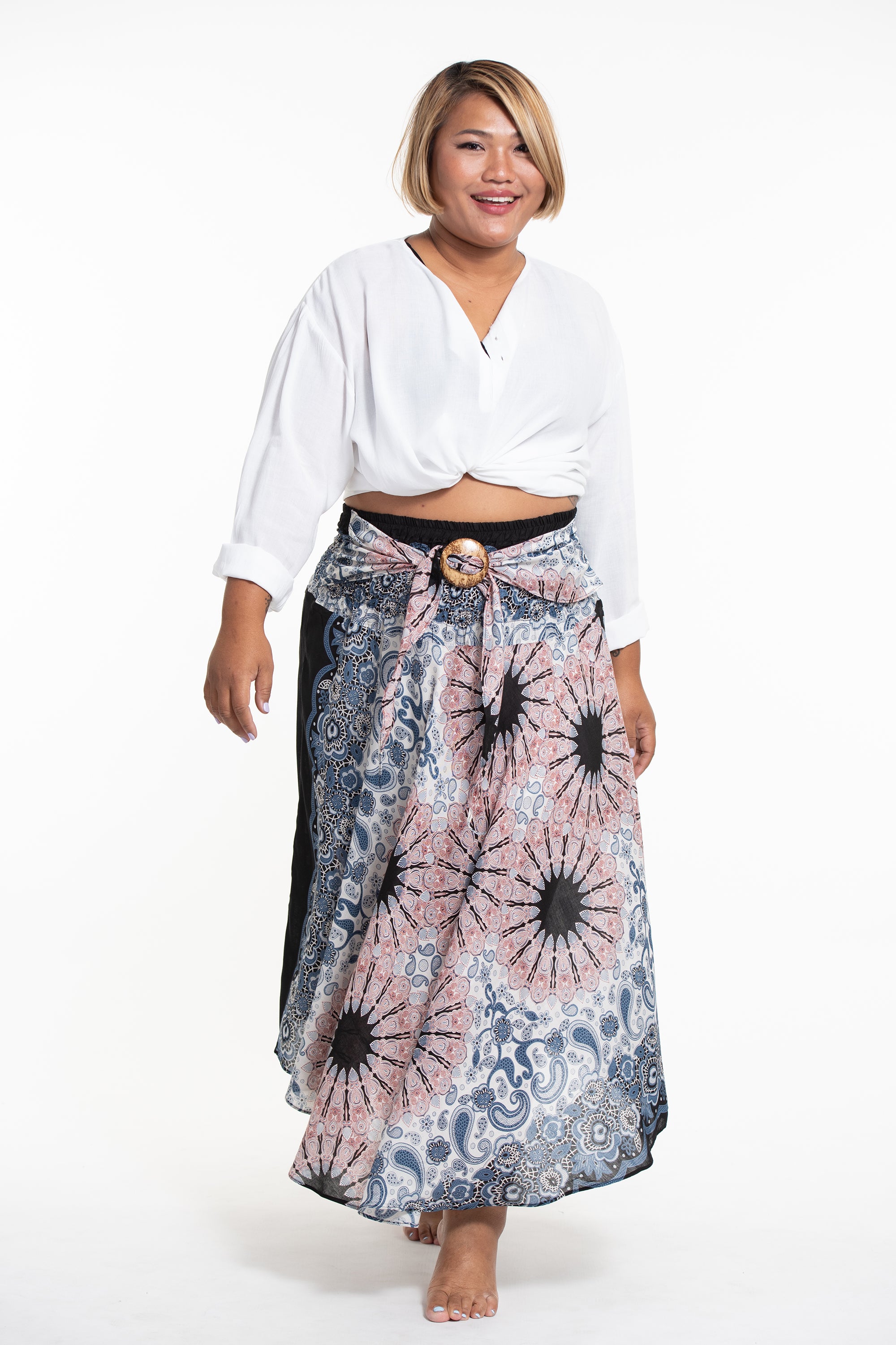 Plus Size Paisley Mandalas Handkerchief Midi Skirt in Silver Gray