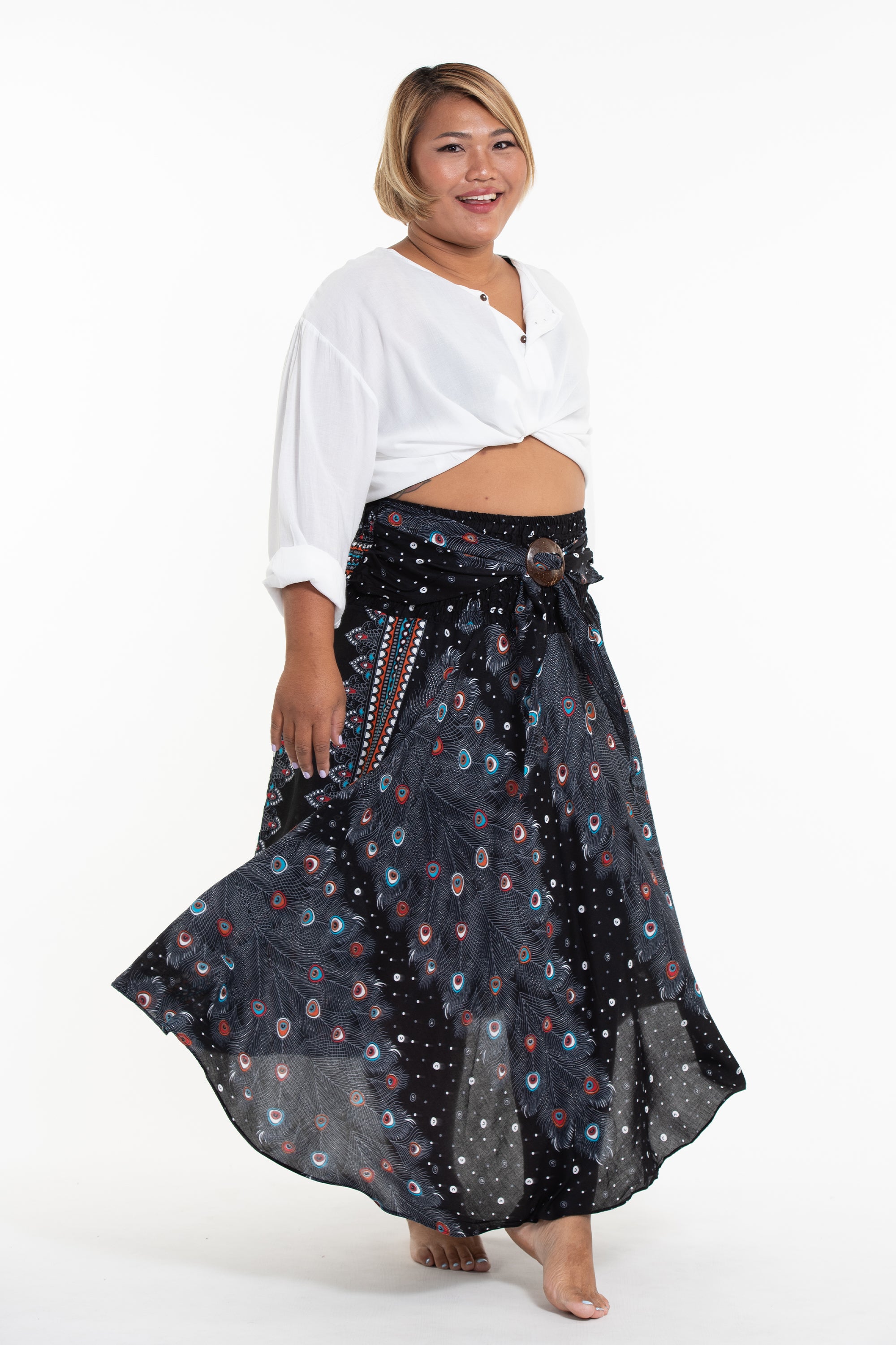 Plus Size Peacock Handkerchief Midi Skirt in Black