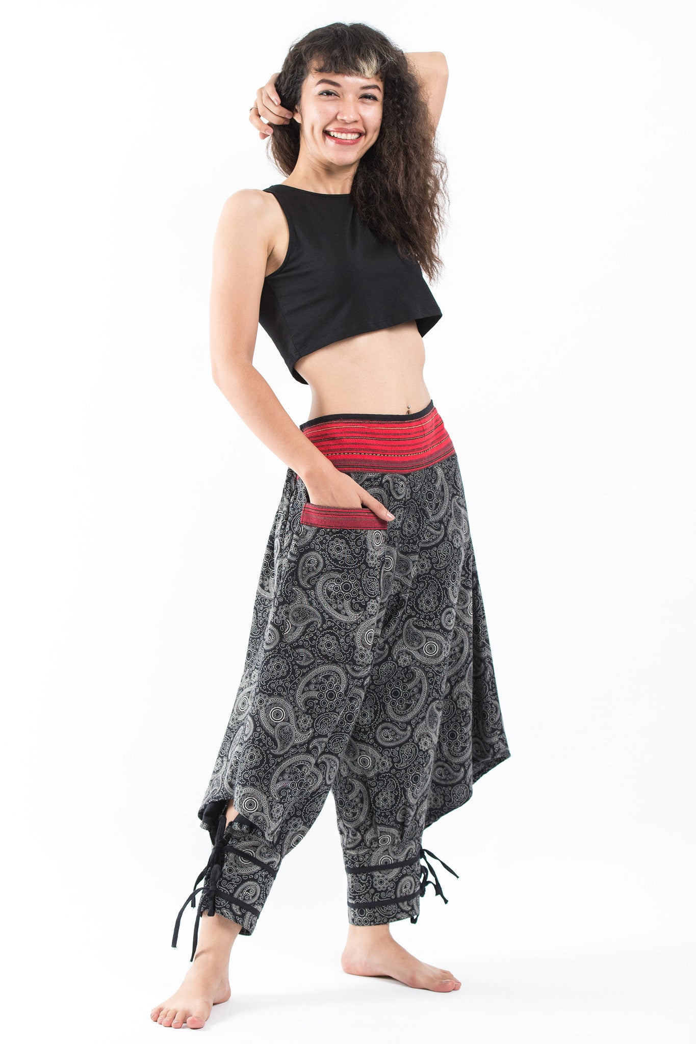 Paisley Thai Hill Tribe Fabric Women's High Cut Harem Pants with Ankle Straps