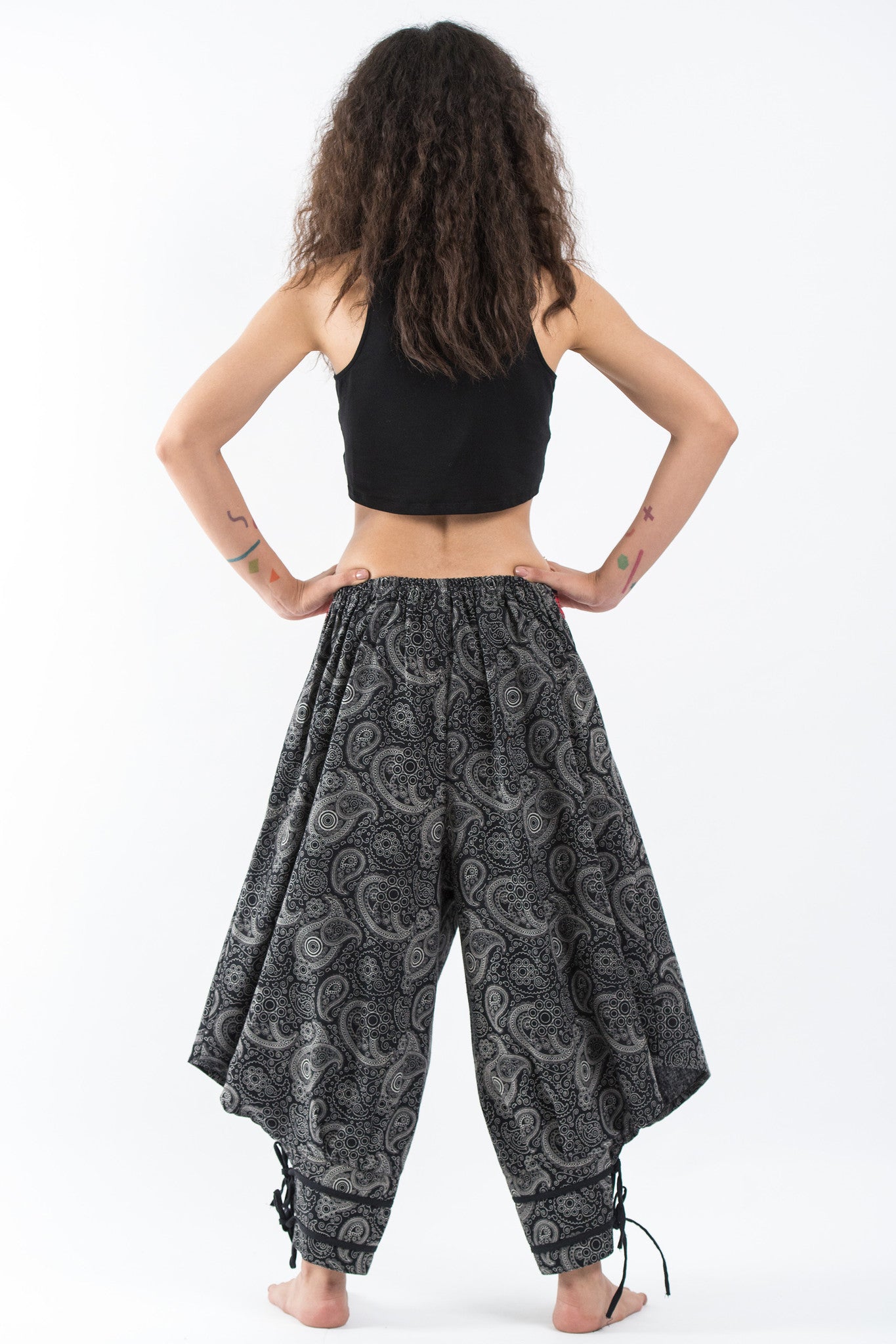 Paisley Thai Hill Tribe Fabric Women's High Cut Harem Pants with Ankle Straps