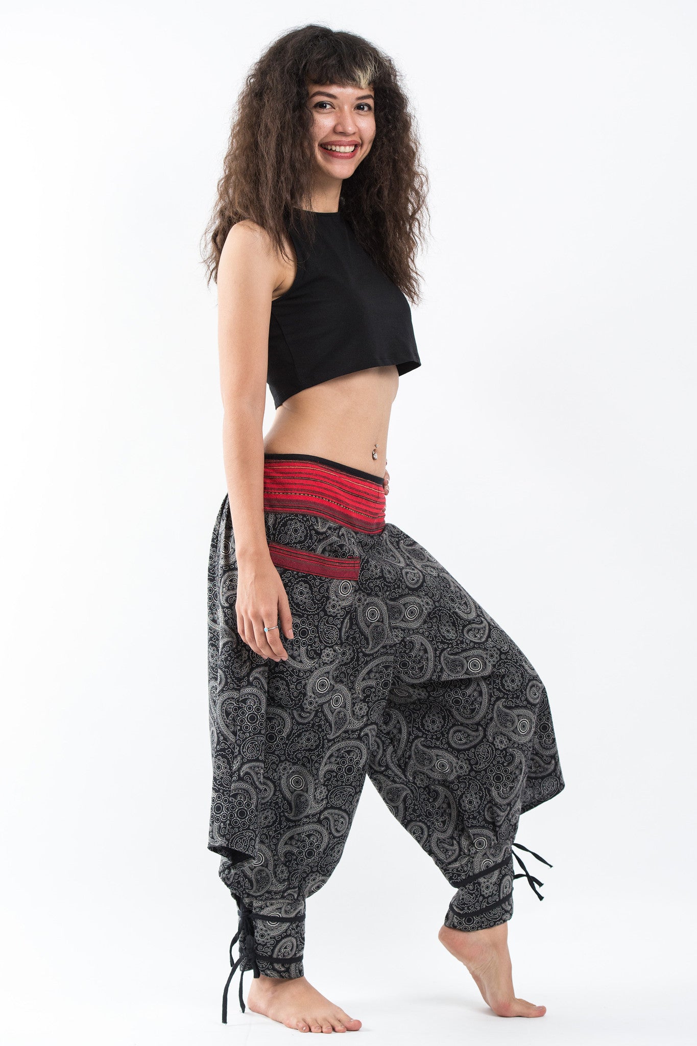 Paisley Thai Hill Tribe Fabric Women's High Cut Harem Pants with Ankle Straps
