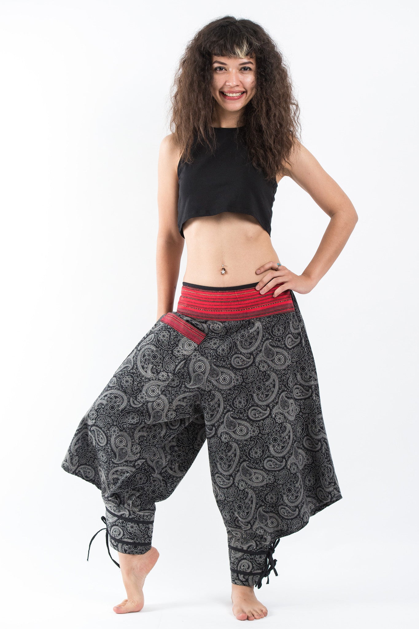 Paisley Thai Hill Tribe Fabric Women's High Cut Harem Pants with Ankle Straps