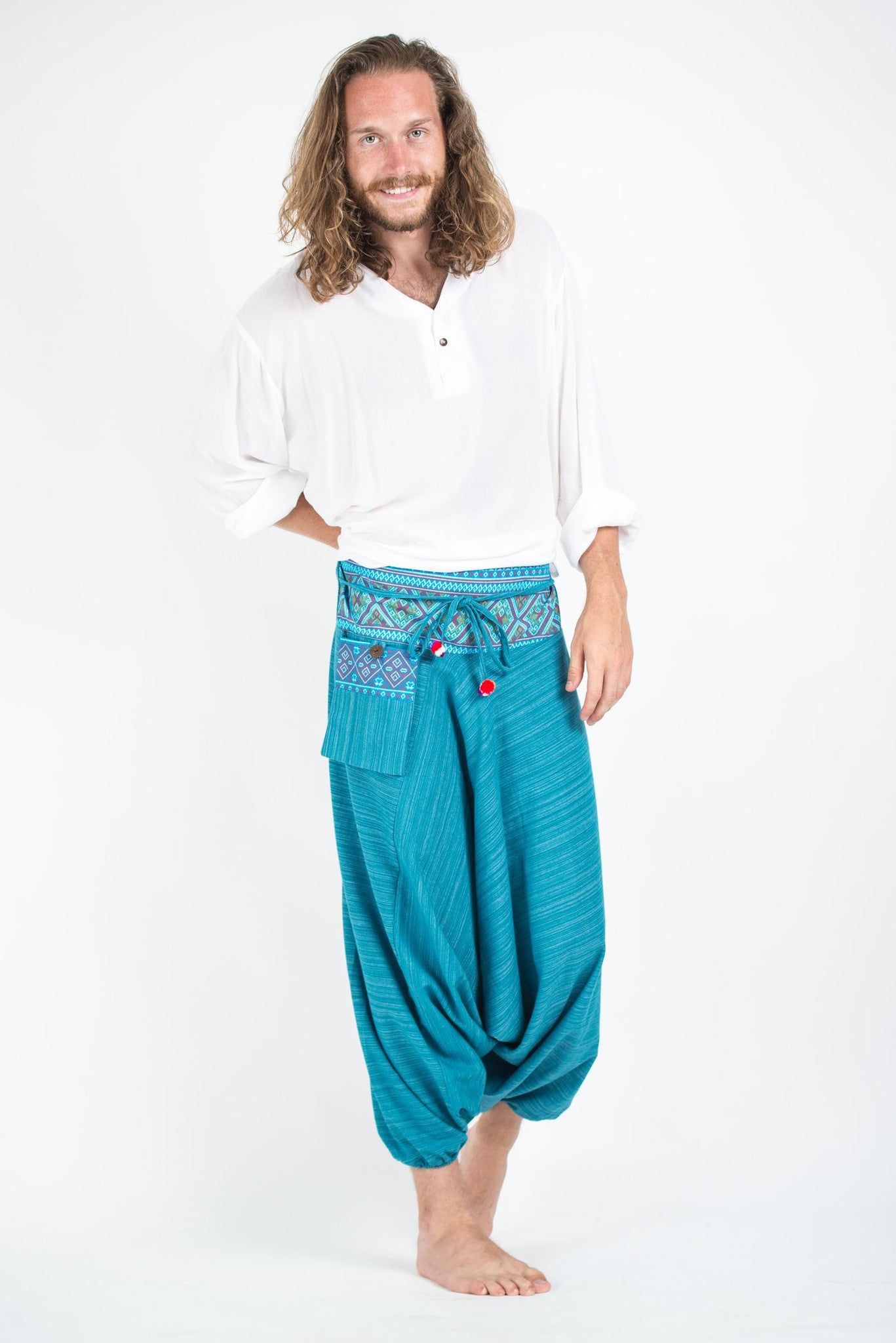 Pinstripe Cotton Low Cut Men's Harem Pants With Hill Tribe Trim Blue