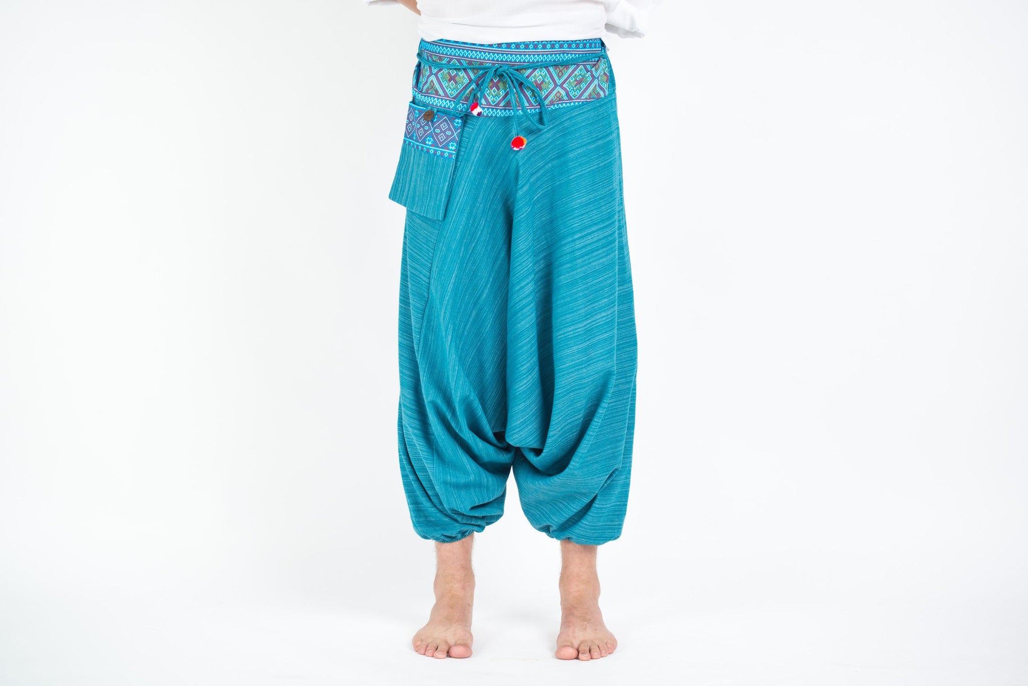Pinstripe Cotton Low Cut Men's Harem Pants With Hill Tribe Trim Blue