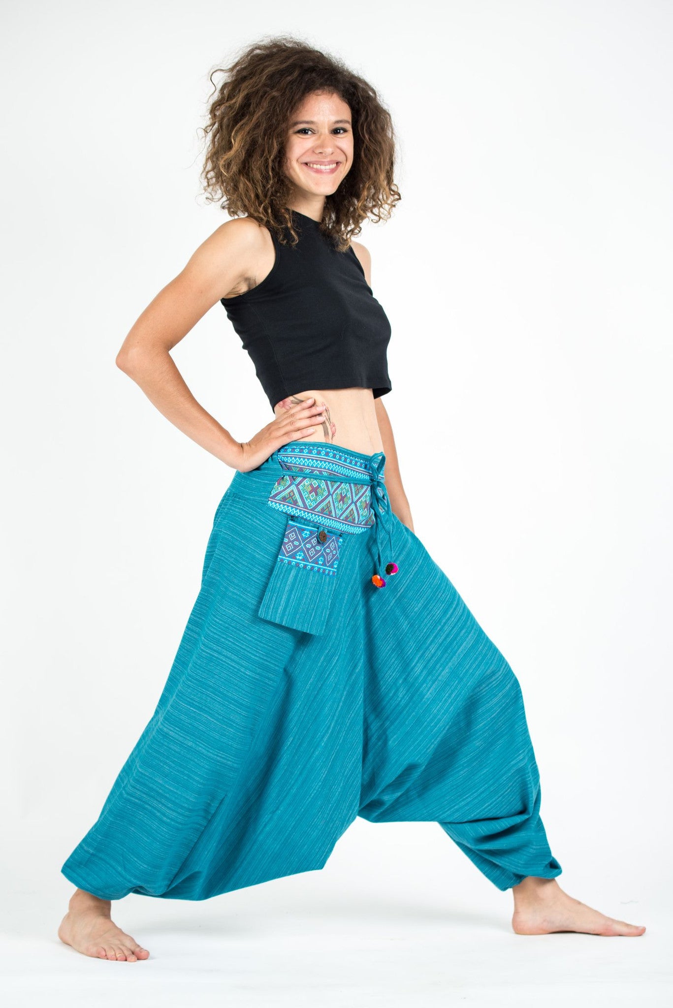 Pinstripe Cotton Low Cut Women's Harem Pants With Hill Tribe Trim Blue