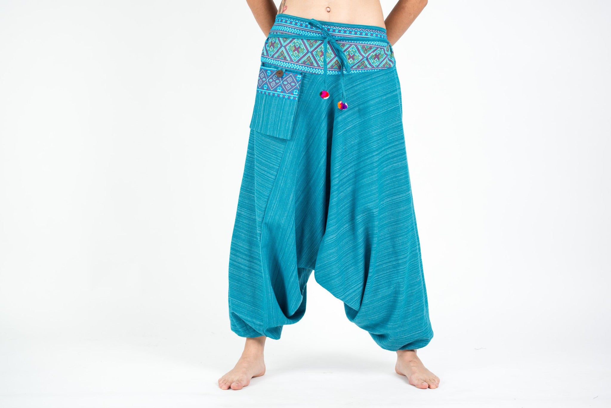 Pinstripe Cotton Low Cut Women's Harem Pants With Hill Tribe Trim Blue