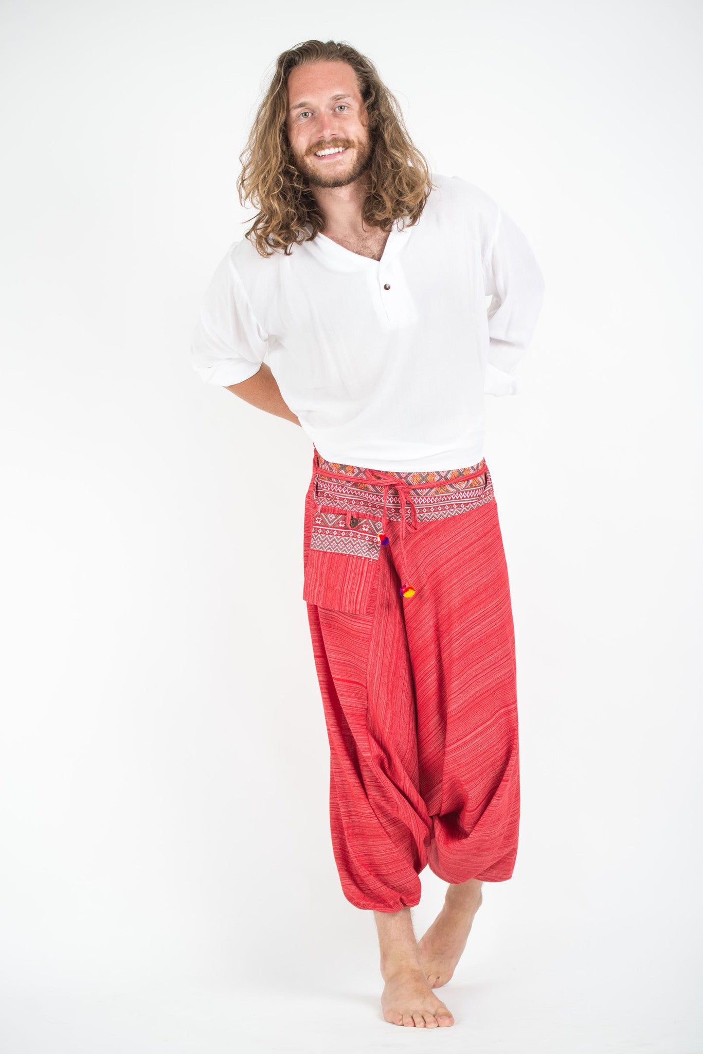Pinstripe Cotton Low Cut Men's Harem Pants With Hill Tribe Trim Red
