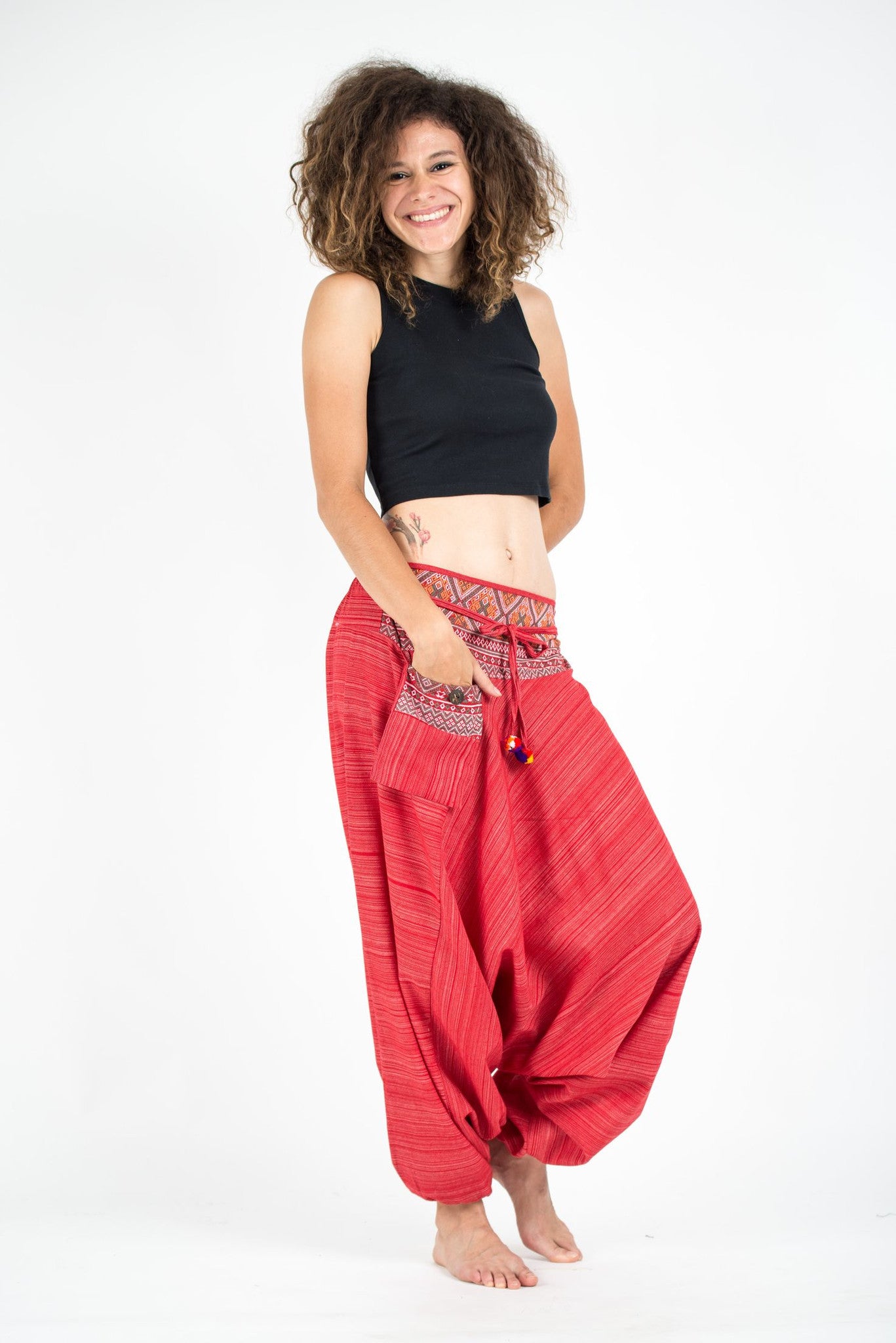 Pinstripe Cotton Low Cut Women's Harem Pants With Hill Tribe Trim Red