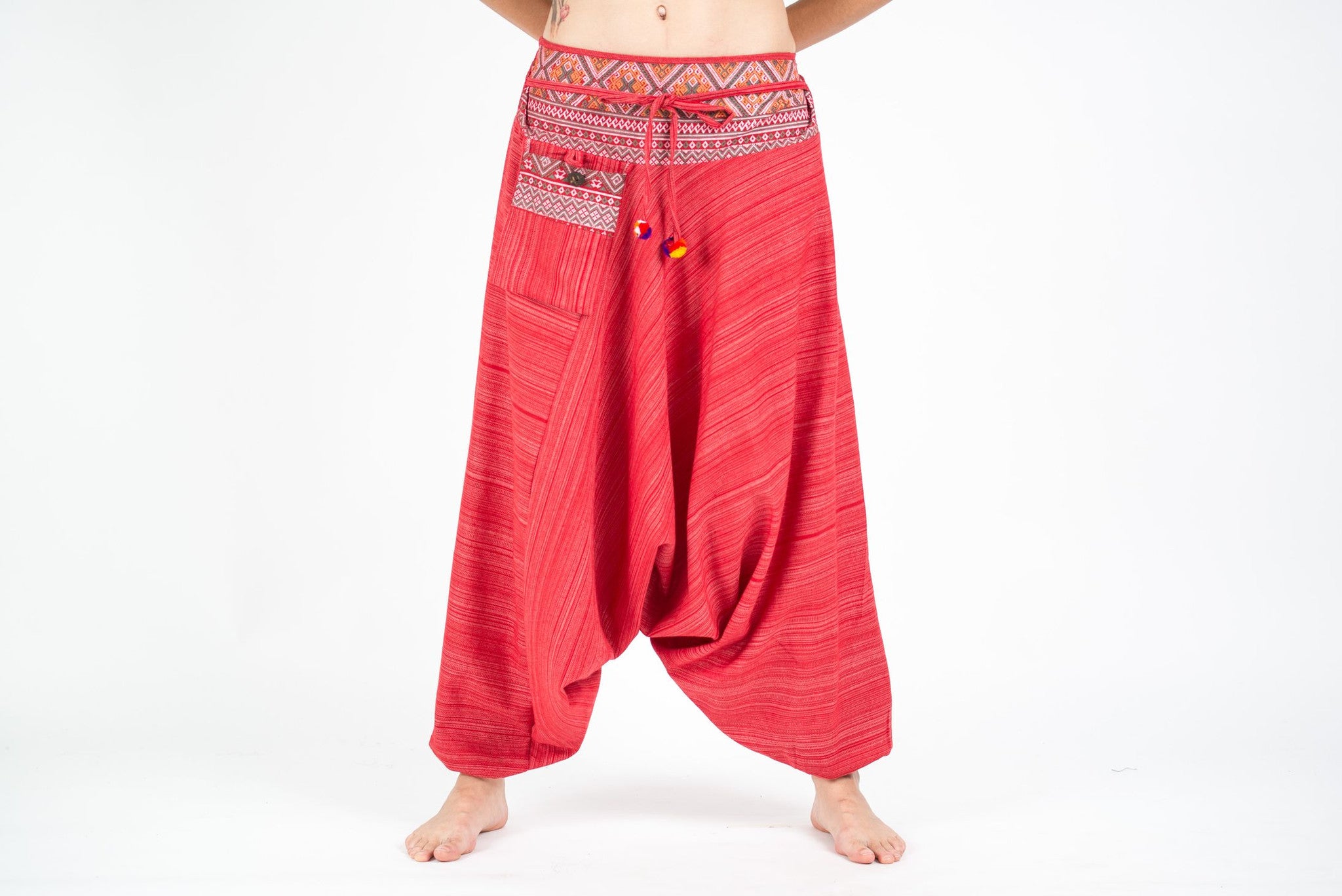 Pinstripe Cotton Low Cut Women's Harem Pants With Hill Tribe Trim Red
