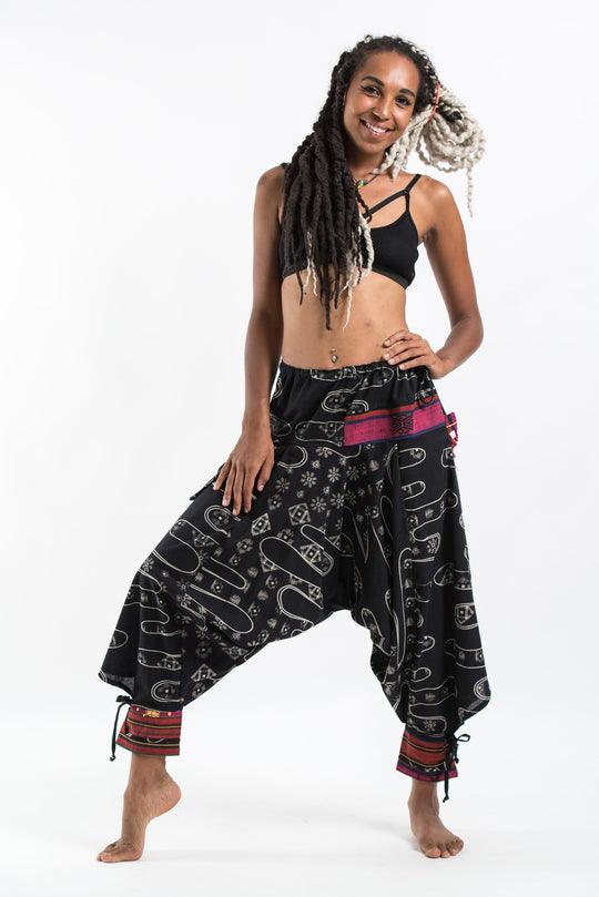 Japanese Print Hill Tribe Drawstring Women's Harem Pants with Ankle Straps