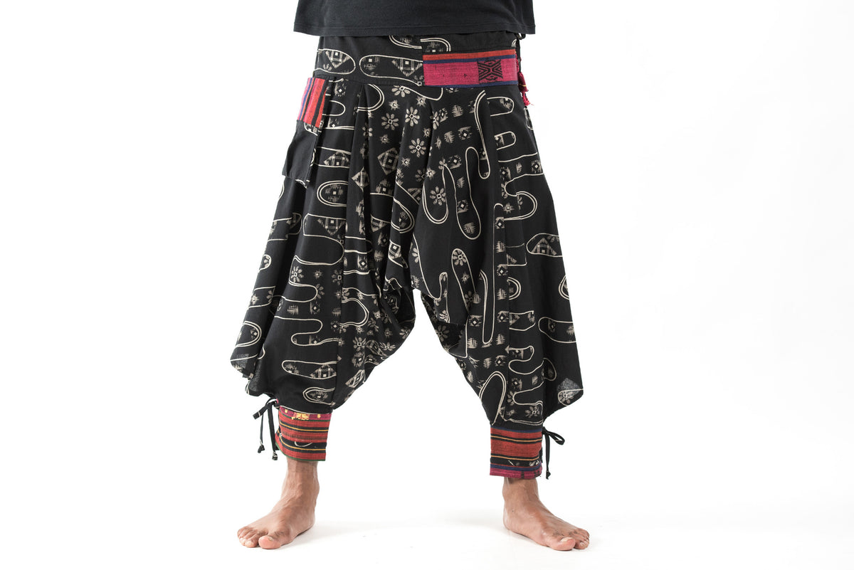 Japanese Print Hill Tribe Drawstring Men's Harem Pants with Ankle Stra