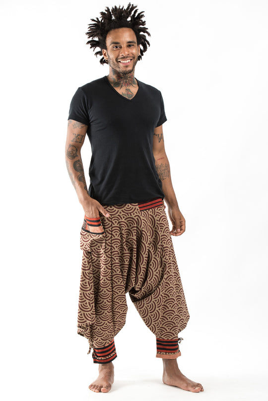Seigaiha Wave Print Hill Tribe Drawstring Men's Harem Pants with Ankle Straps