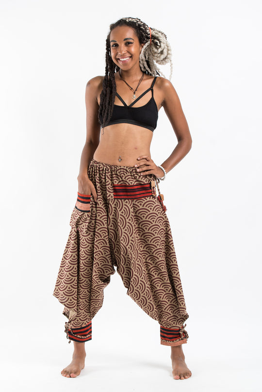 Seigaiha Wave Print Hill Tribe Drawstring Women's Harem Pants with Ankle Straps