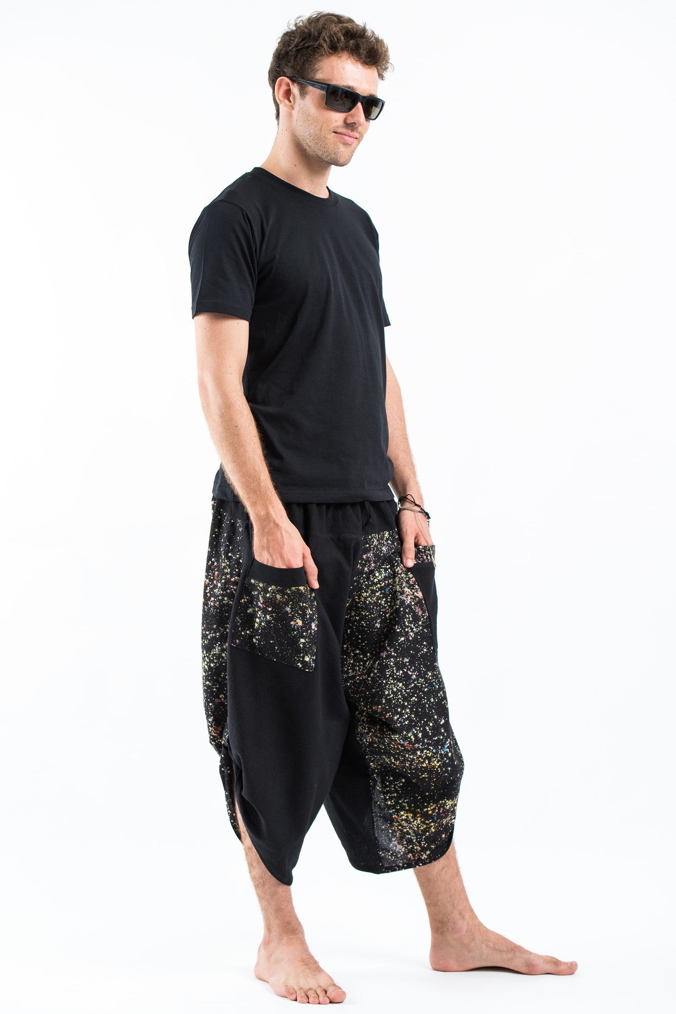 Two Tone Splatter Prints Men's Three Quarter Pants in Black – Harem Pants