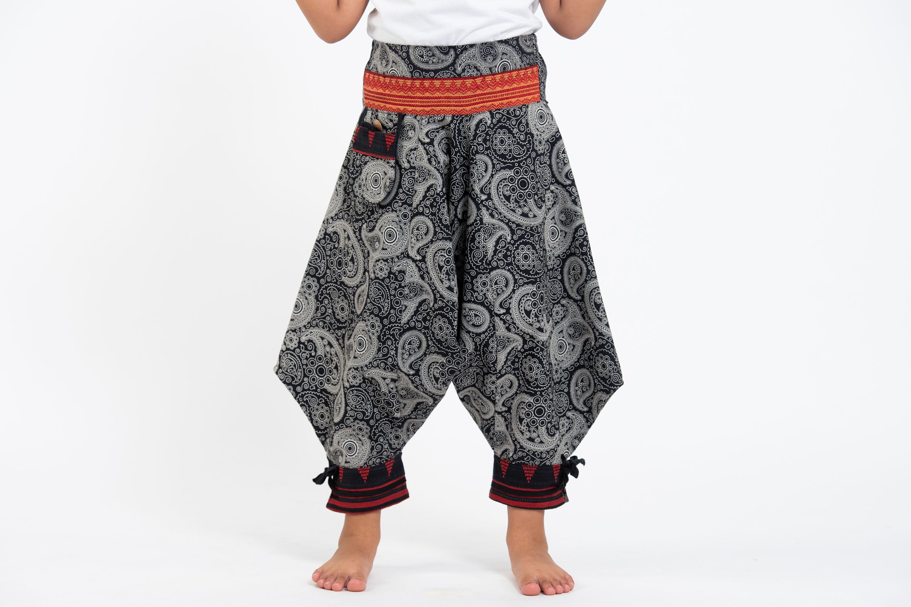 Paisley Thai Hill Tribe Fabric Kids Harem Pants with Ankle Straps in Black