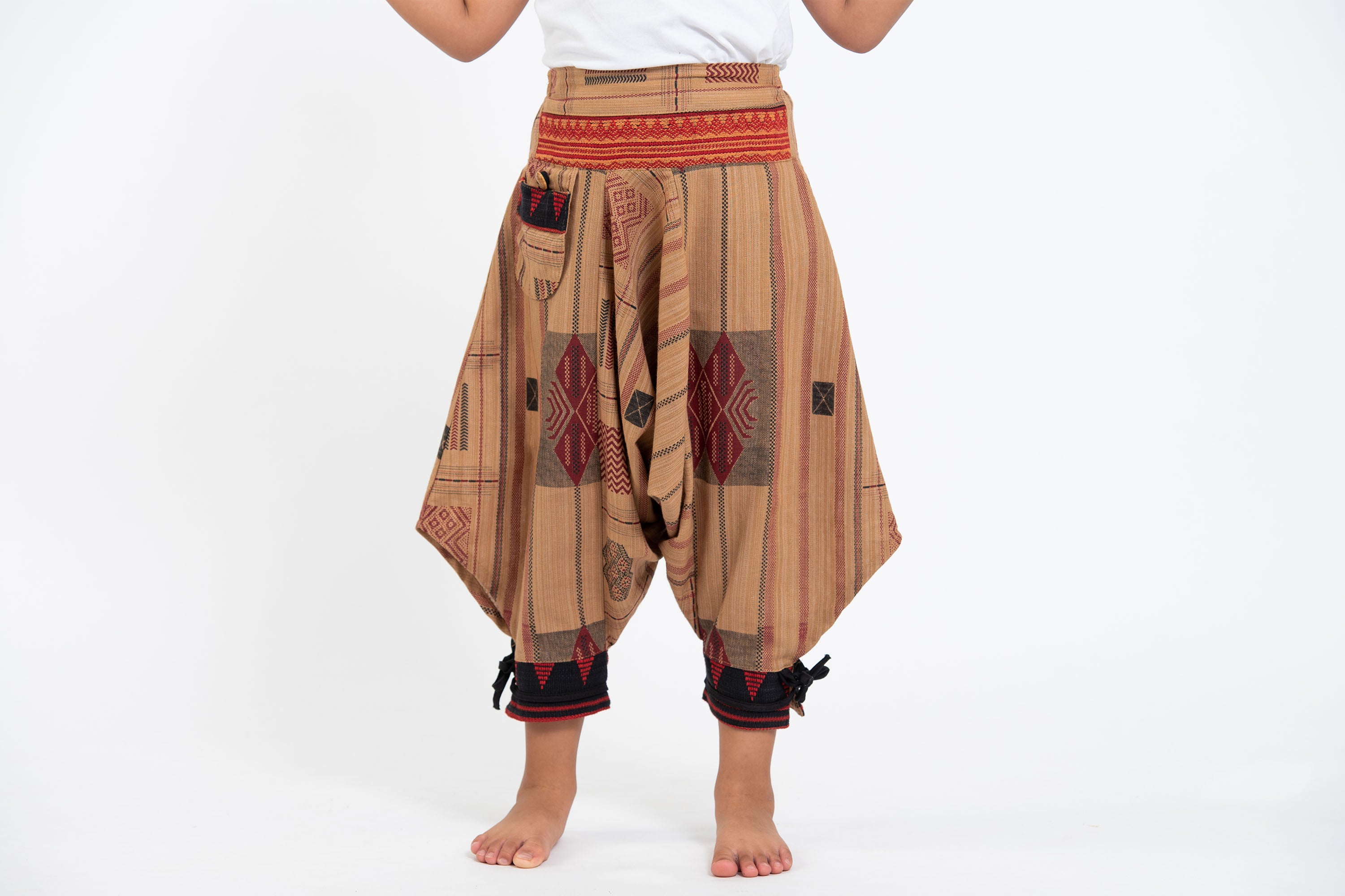 Thai Hill Tribe Fabric Kids Harem Pants with Ankle Straps in Beige