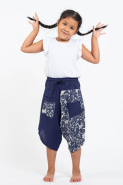 Two Tone Cats Prints Kids Three Quarter Pants in Blue