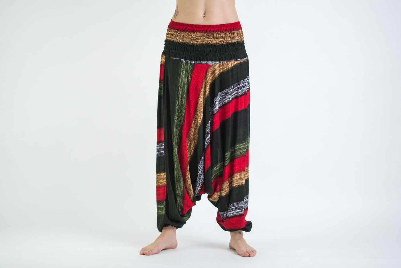 Boho Striped 2-in-1 Jumpsuit Harem Pants in Green