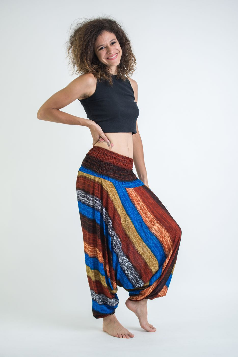Boho Striped 2-in-1 Jumpsuit Harem Pants in Rust