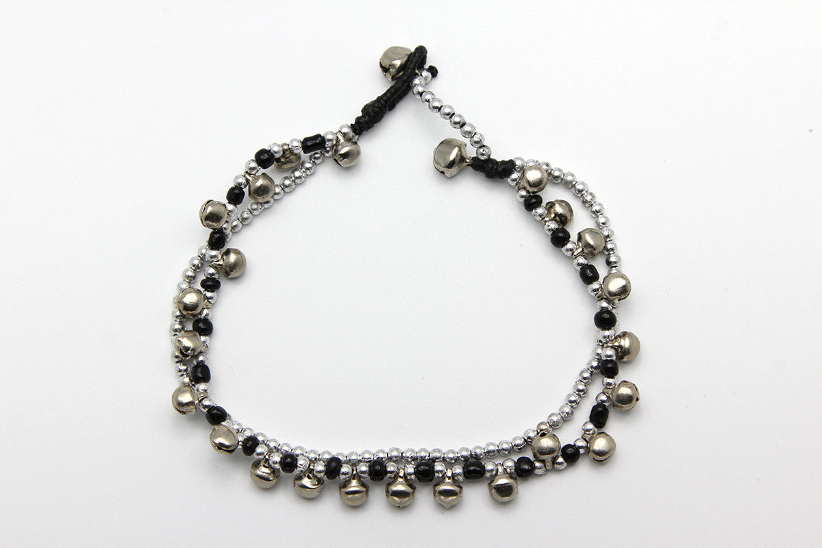 Hand Made Fair Trade Anklet Double Strand Silver Beads Black
