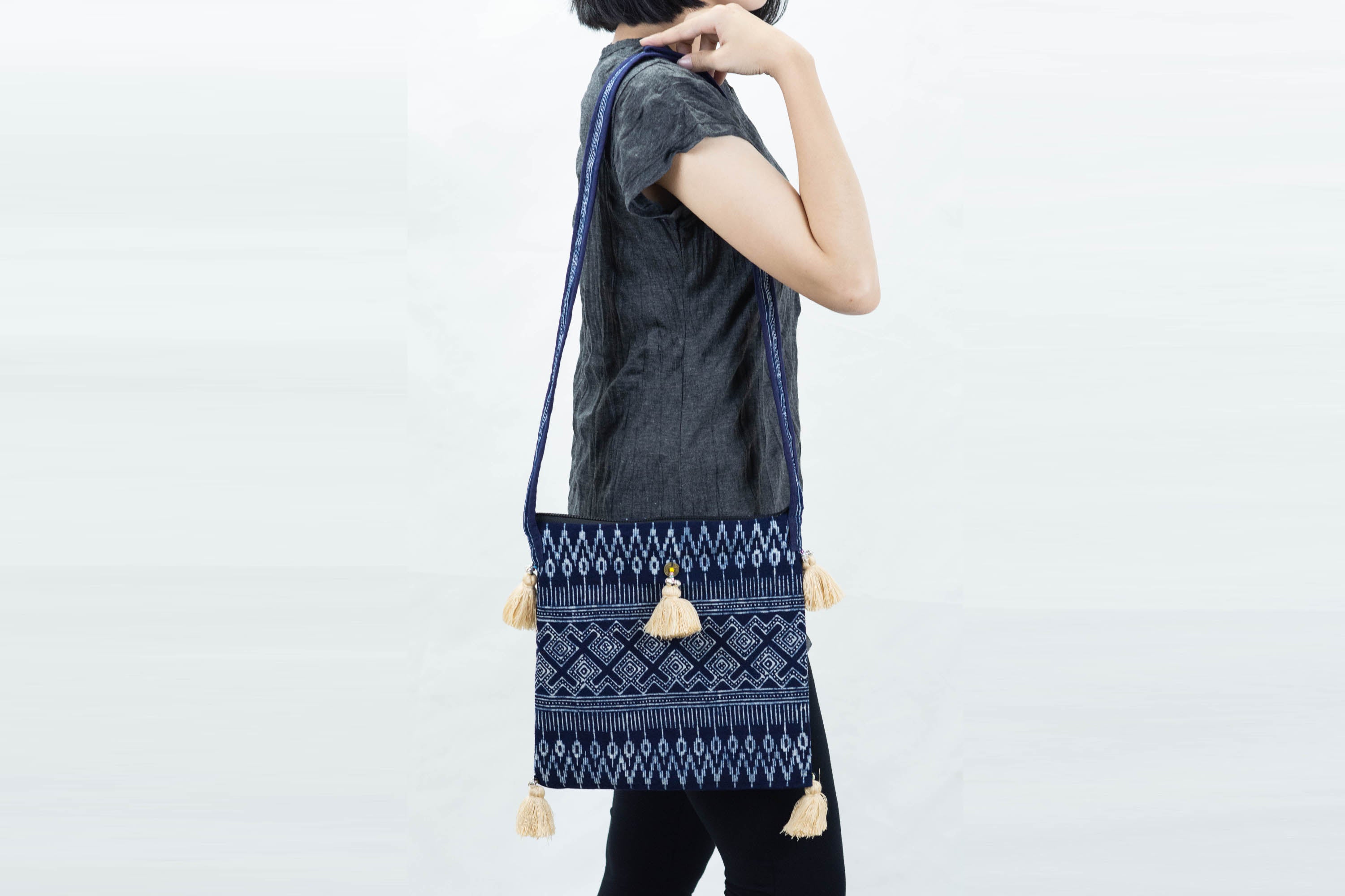 Hmong Indigo Batik Crossbody Sling Bag with Cream Tassels