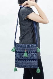 Hmong Indigo Batik Crossbody Sling Bag with Green Tassels