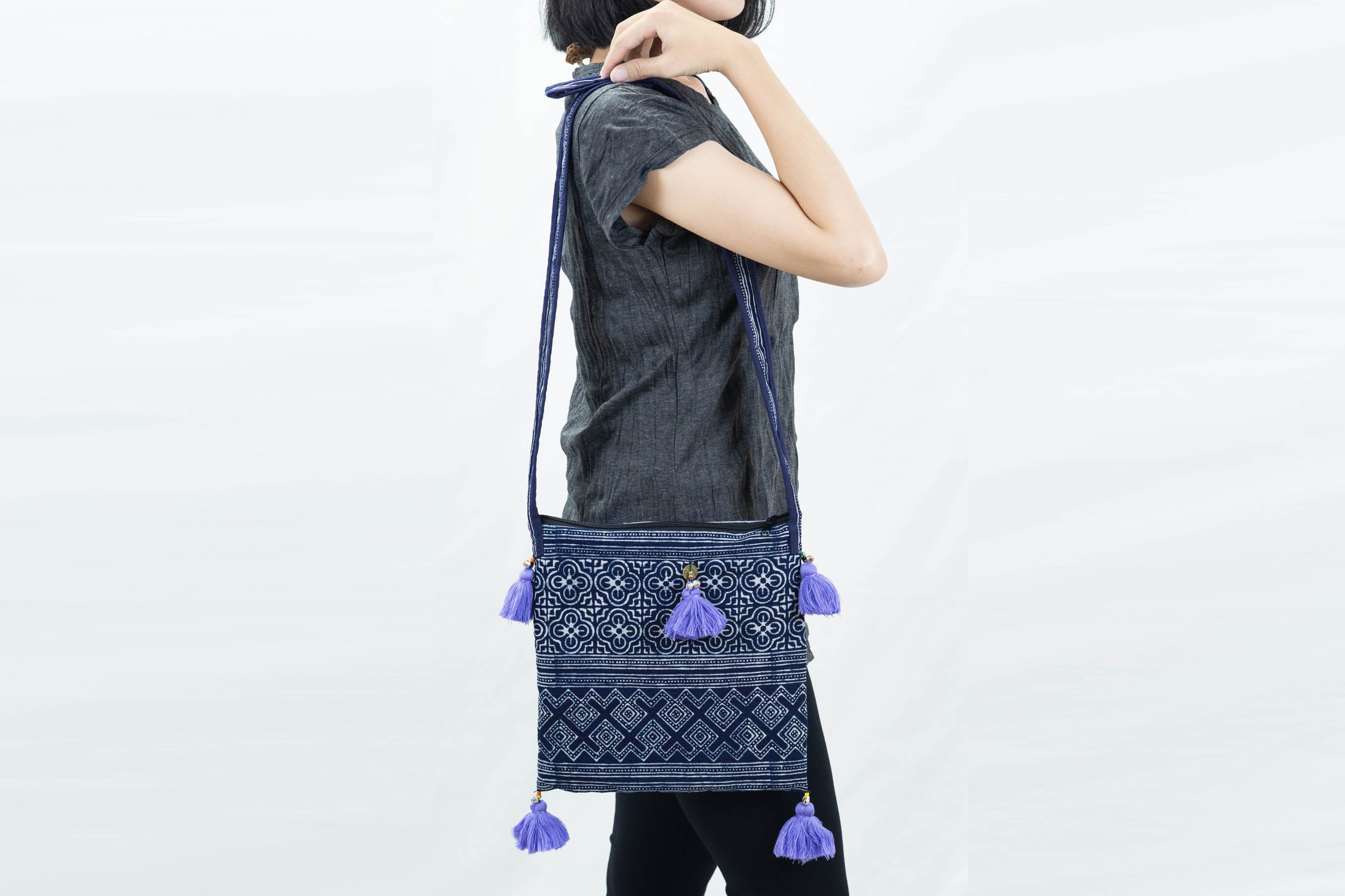 Hmong Indigo Batik Crossbody Sling Bag with Violet Tassels