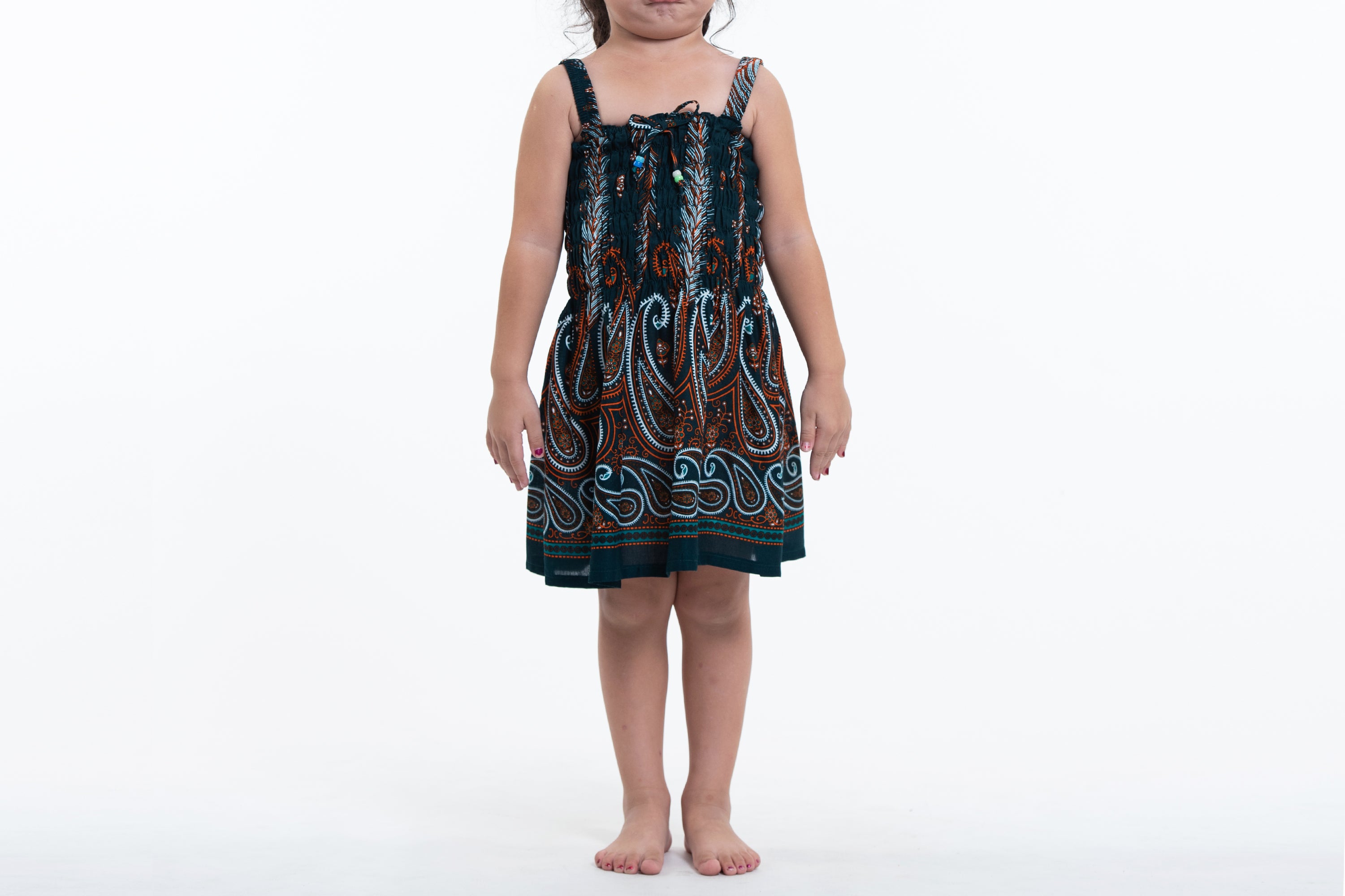 Kids Paisley Feathers Smock Dress in Green