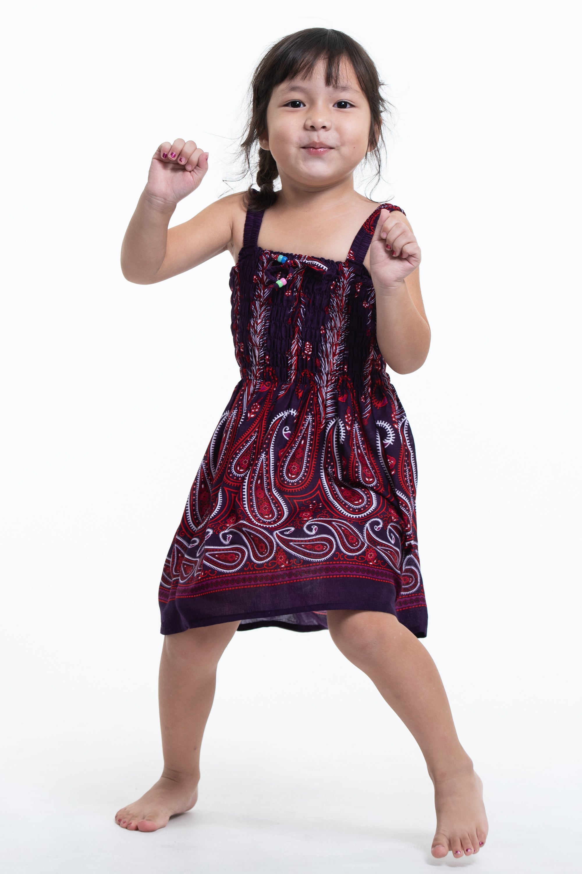 Kids Paisley Feathers Smock Dress in Purple