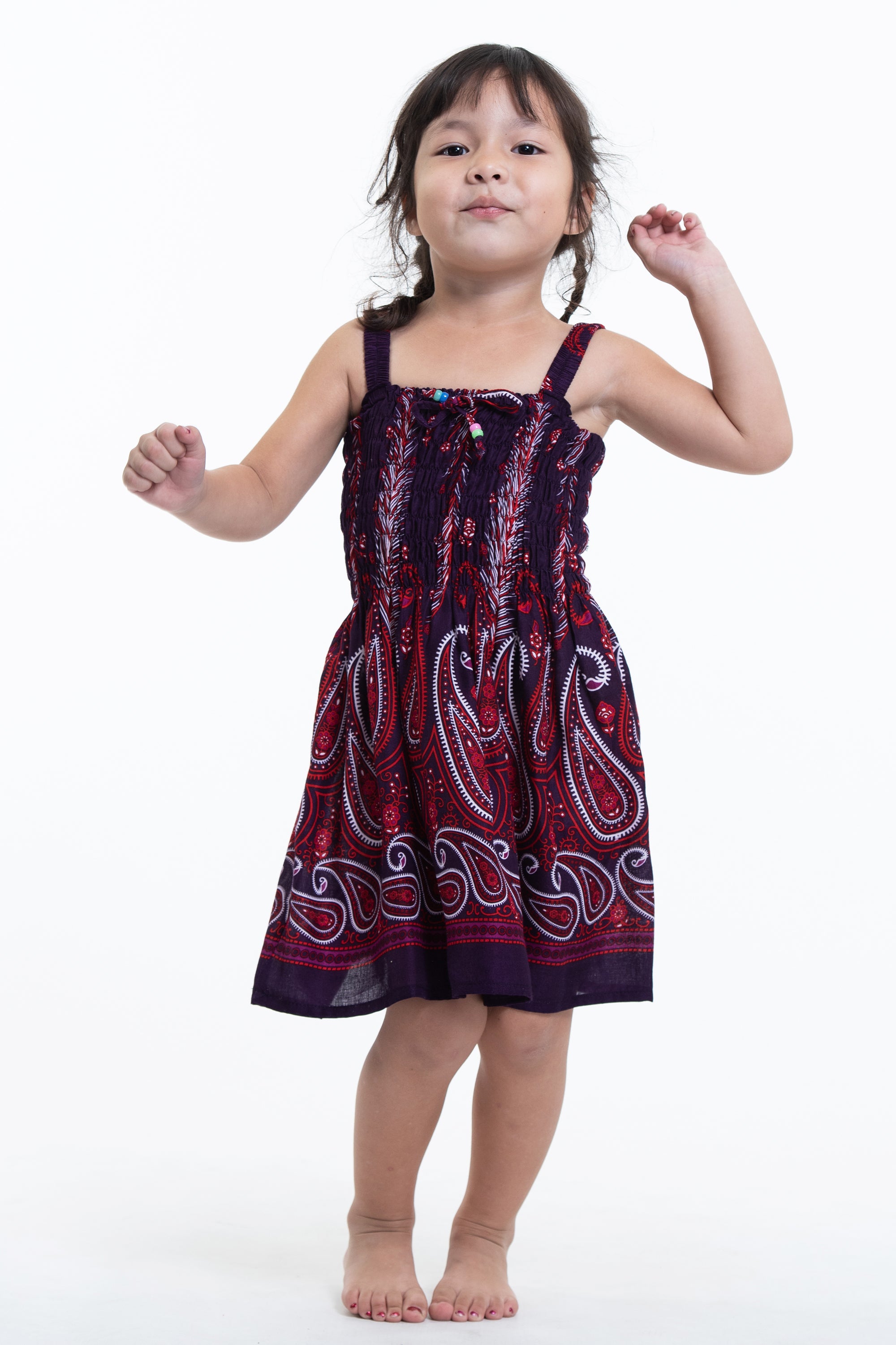 Kids Paisley Feathers Smock Dress in Purple