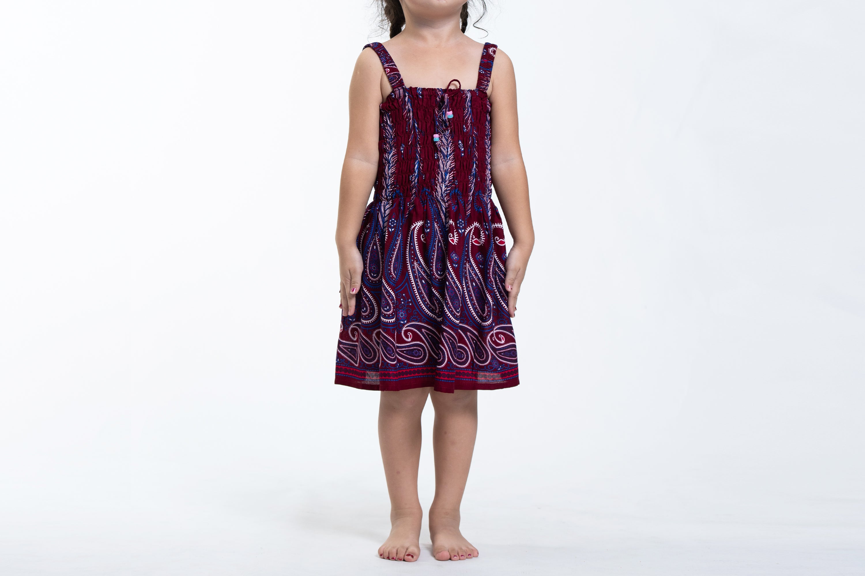 Kids Paisley Feathers Smock Dress in Red