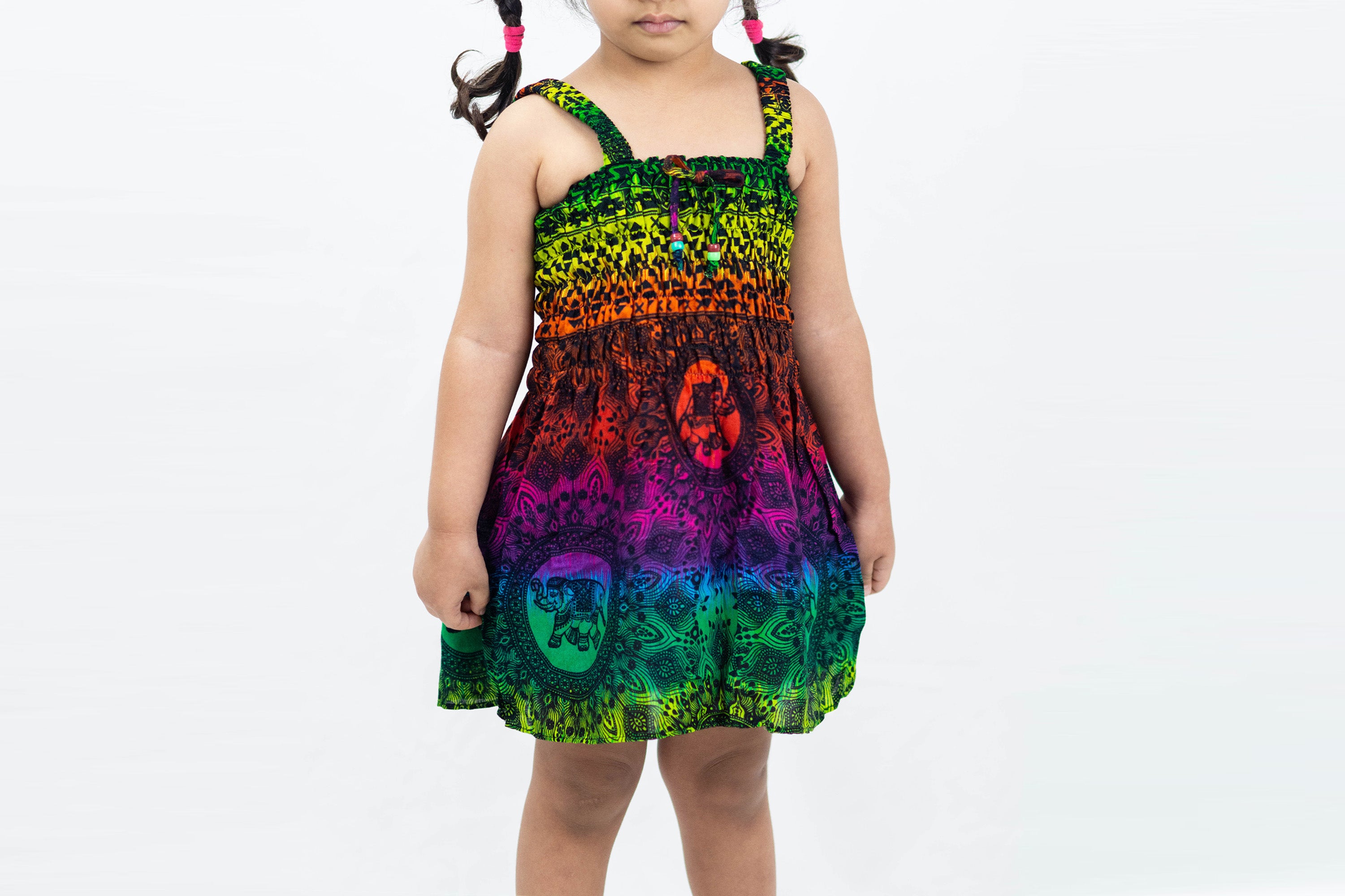 Kids Rainbow Elephant Smock Dress in Green