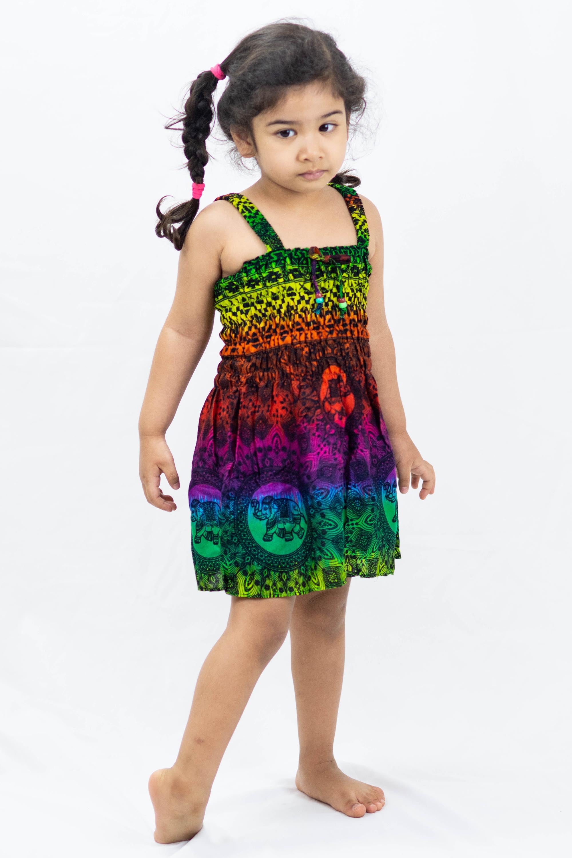 Kids Rainbow Elephant Smock Dress in Green