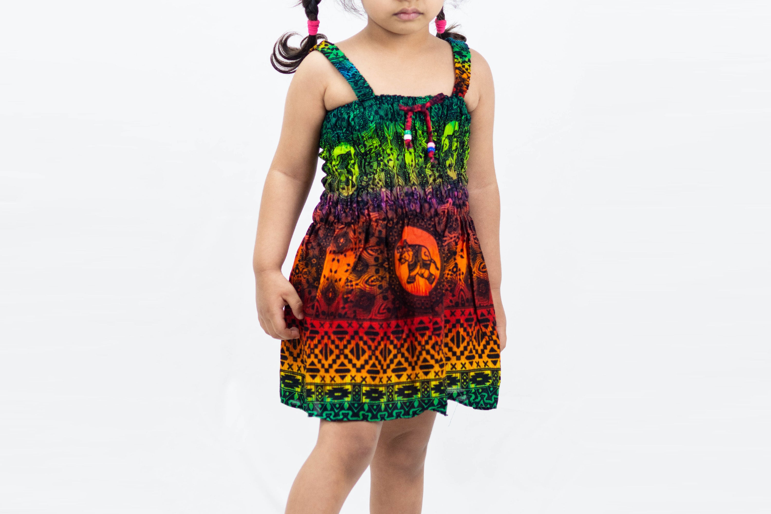 Kids Rainbow Elephant Smock Dress in Orange