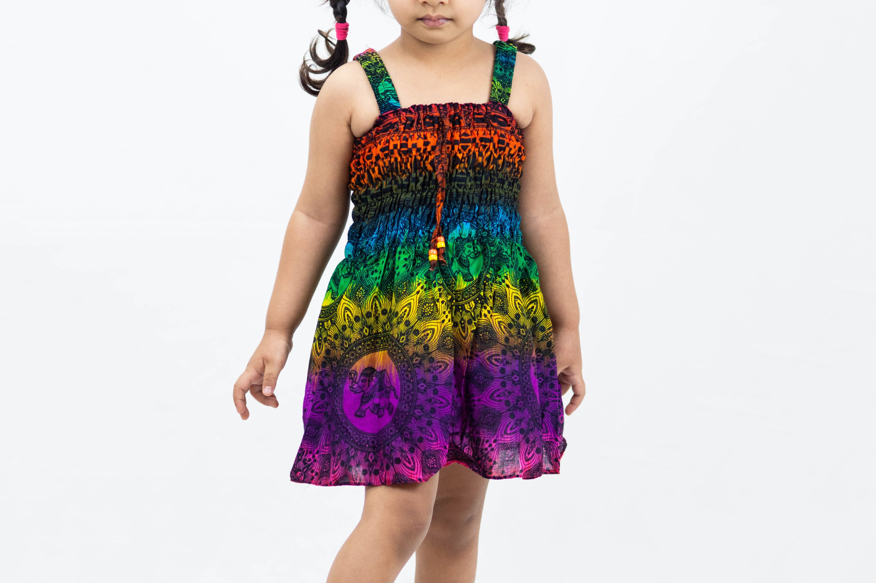 Kids Rainbow Elephant Smock Dress in Purple