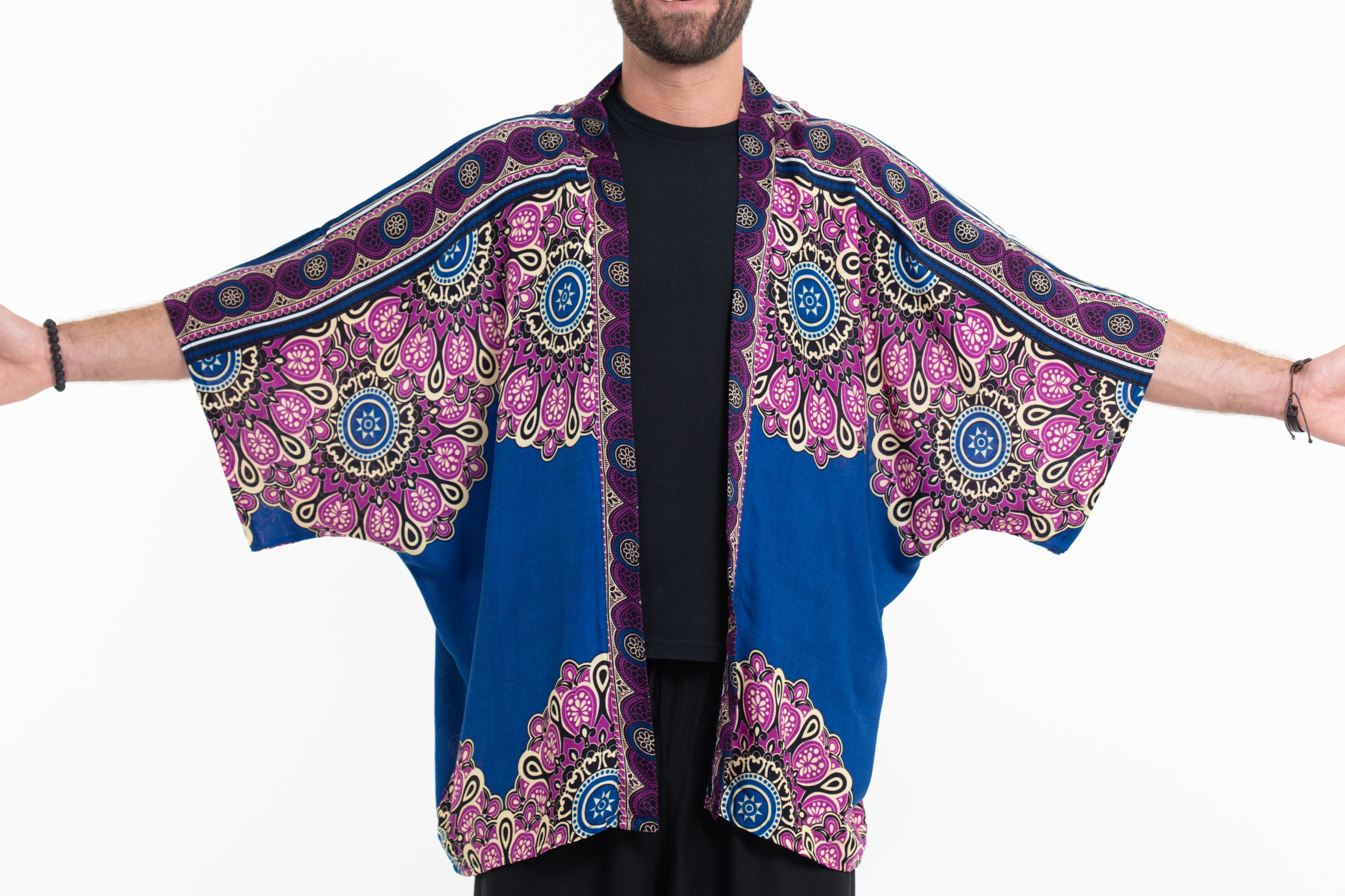 Peony Mandalas Kimono Cardigan in Blue