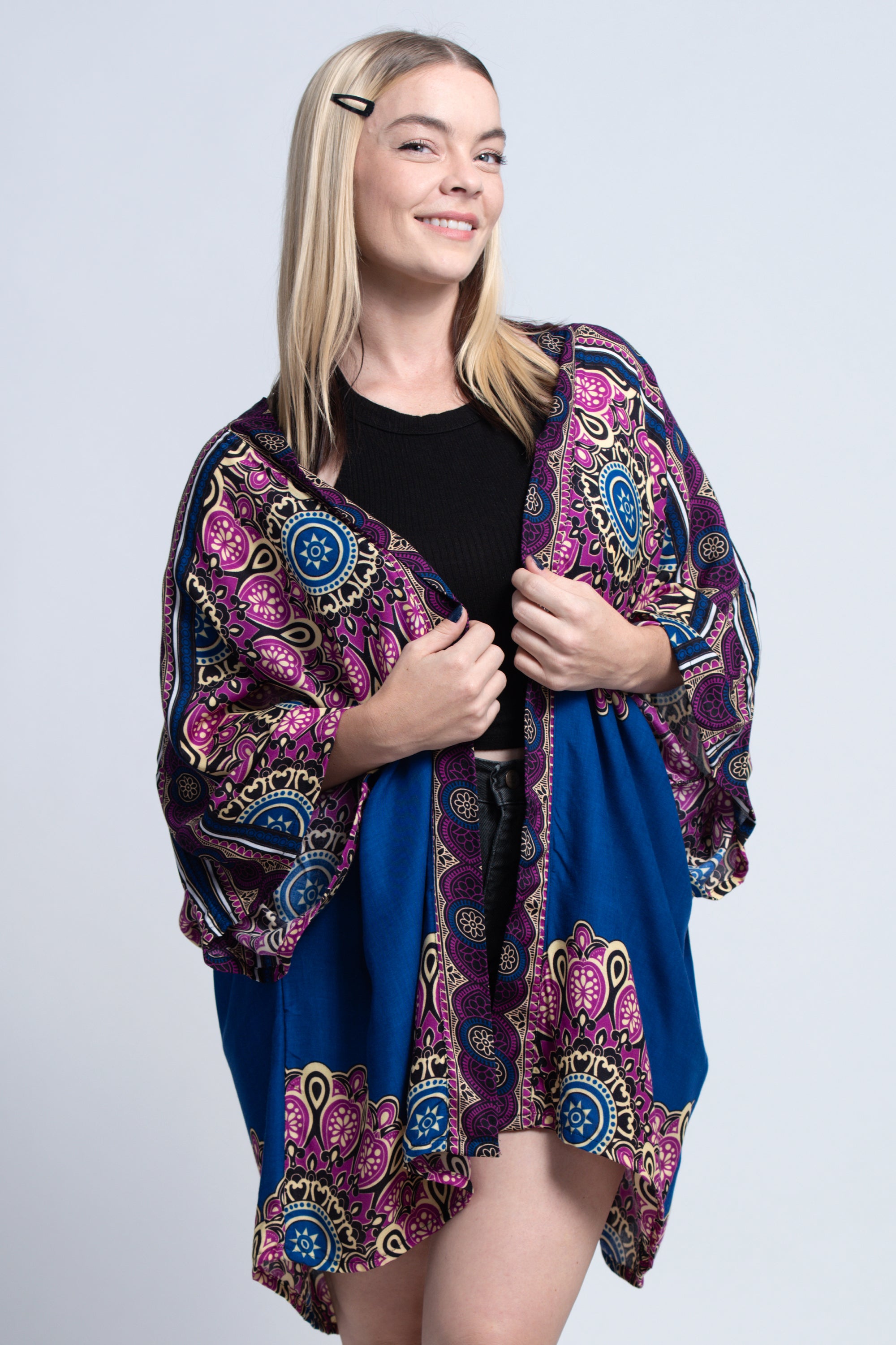 Peony Mandalas Kimono Cardigan in Blue