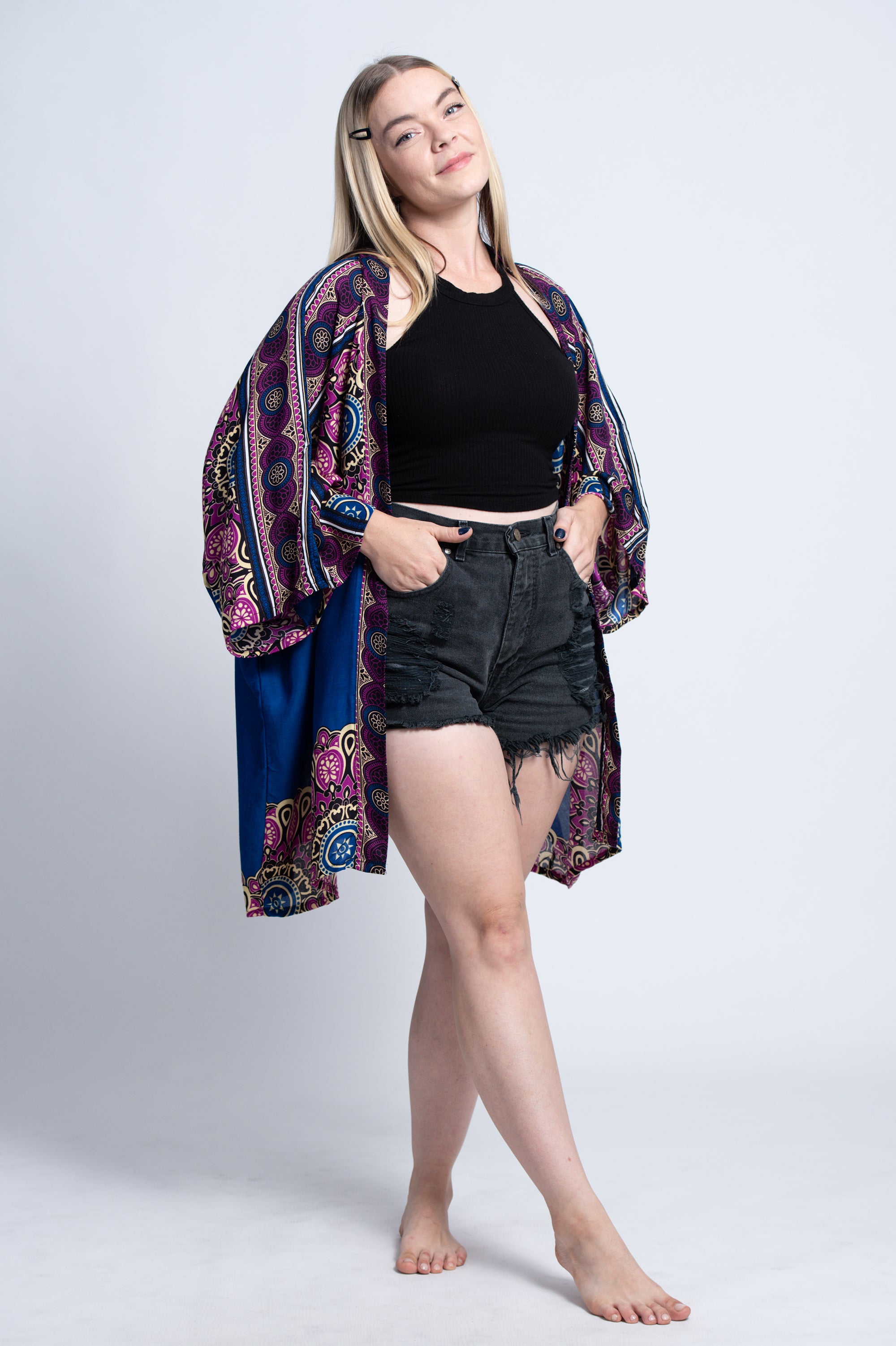 Peony Mandalas Kimono Cardigan in Blue