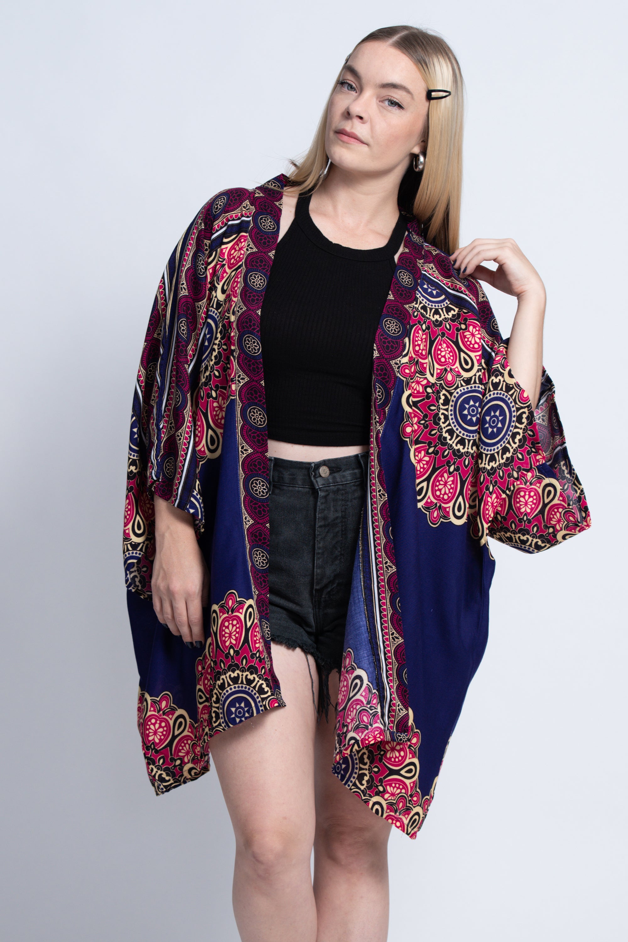 Peony Mandalas Kimono Cardigan in Indigo