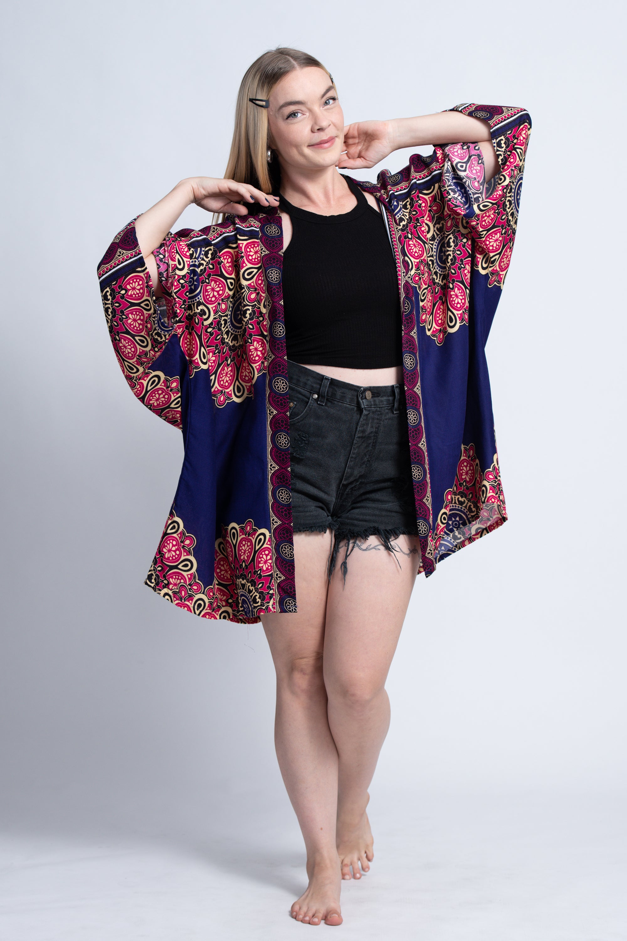 Peony Mandalas Kimono Cardigan in Indigo