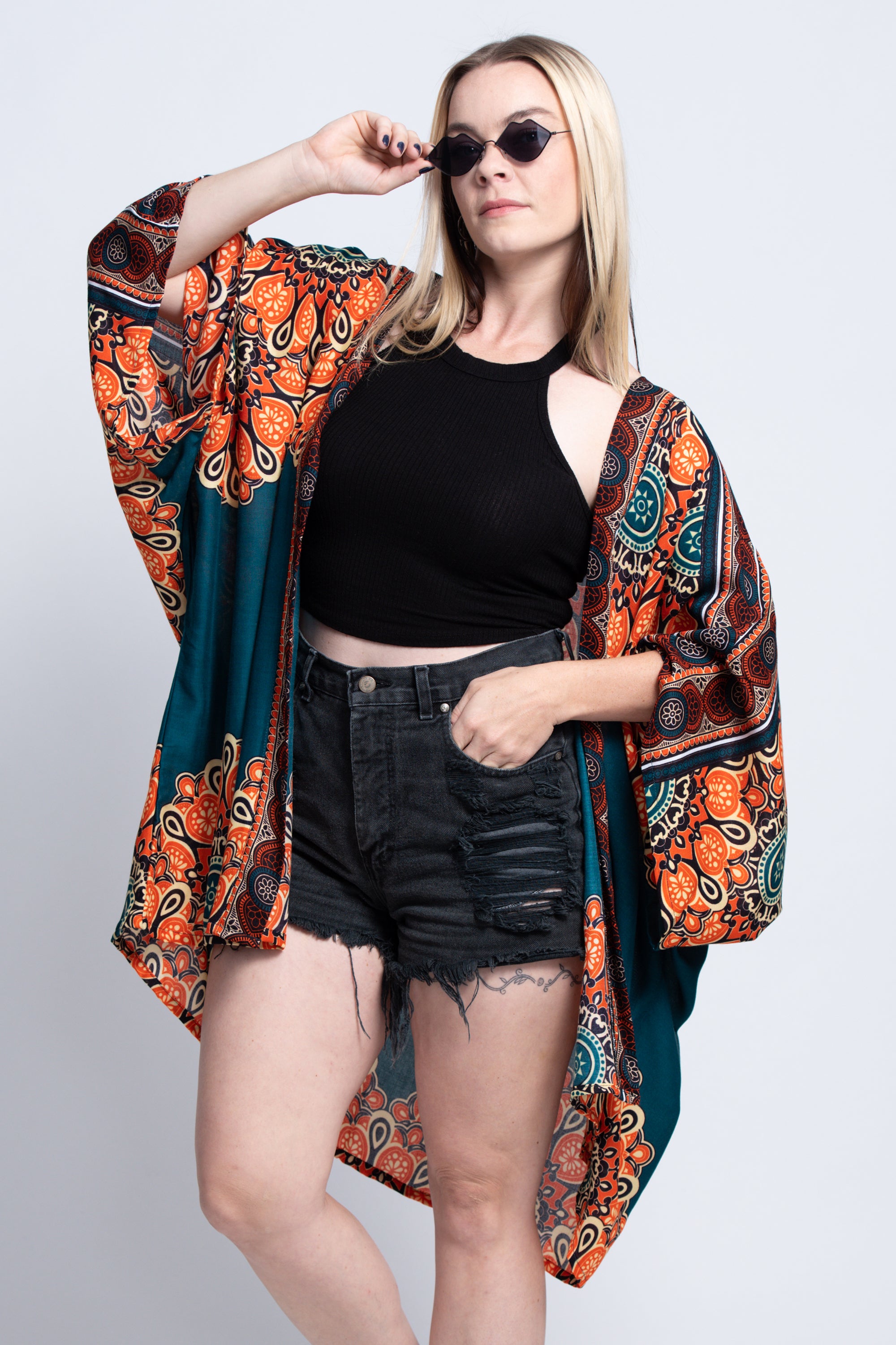 Peony Mandalas Kimono Cardigan in Teal