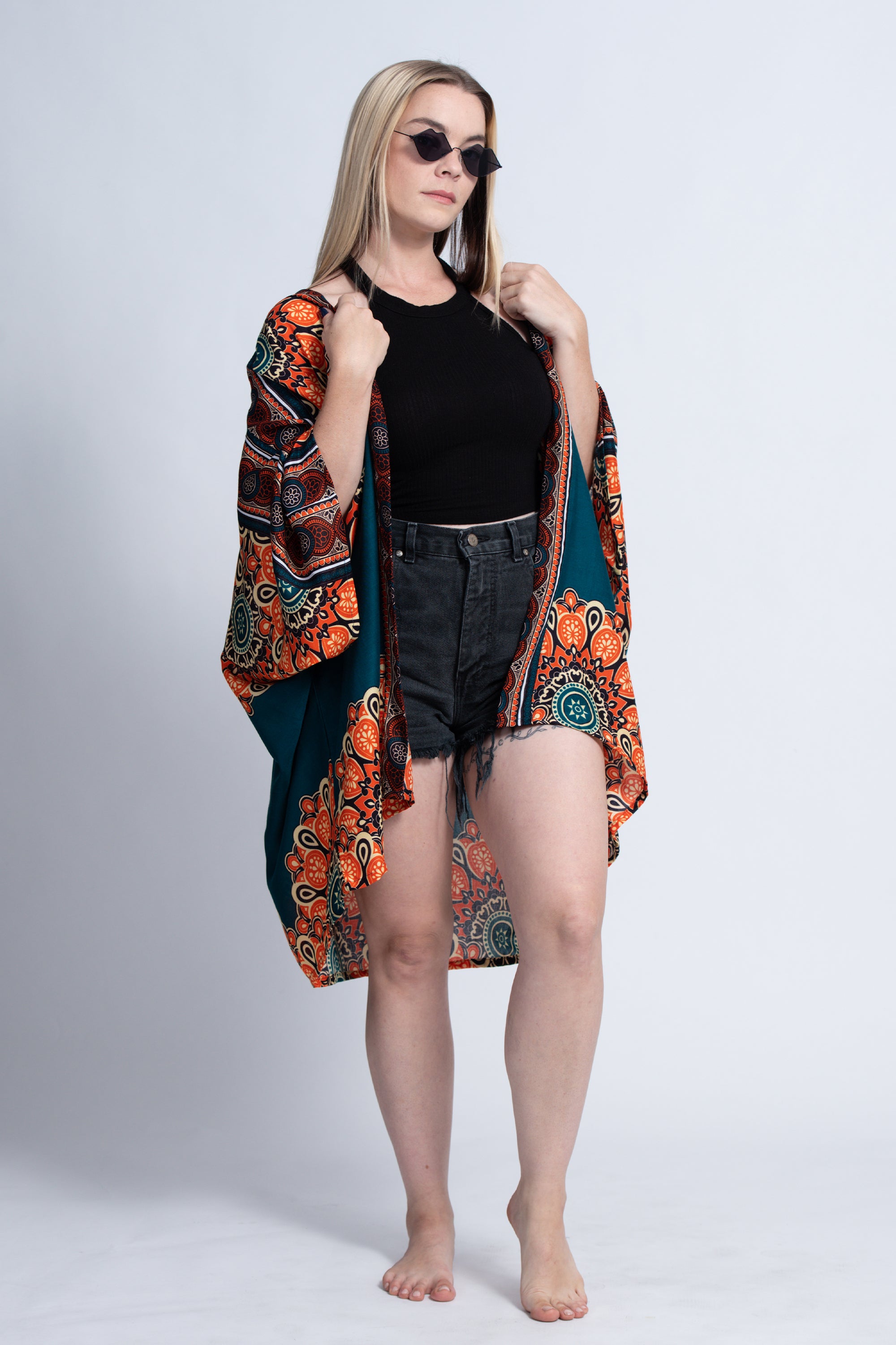 Peony Mandalas Kimono Cardigan in Teal