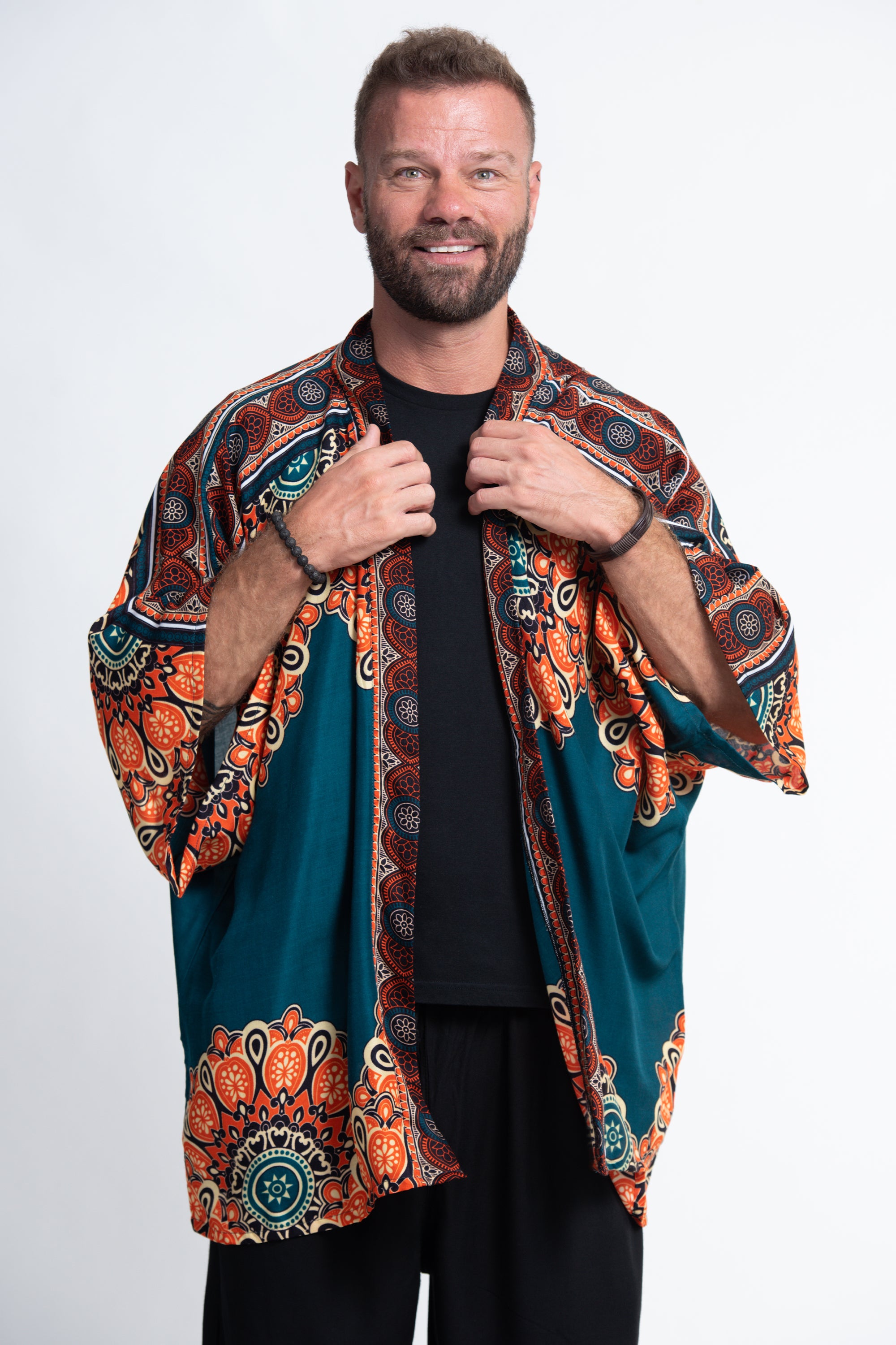 Peony Mandalas Kimono Cardigan in Teal