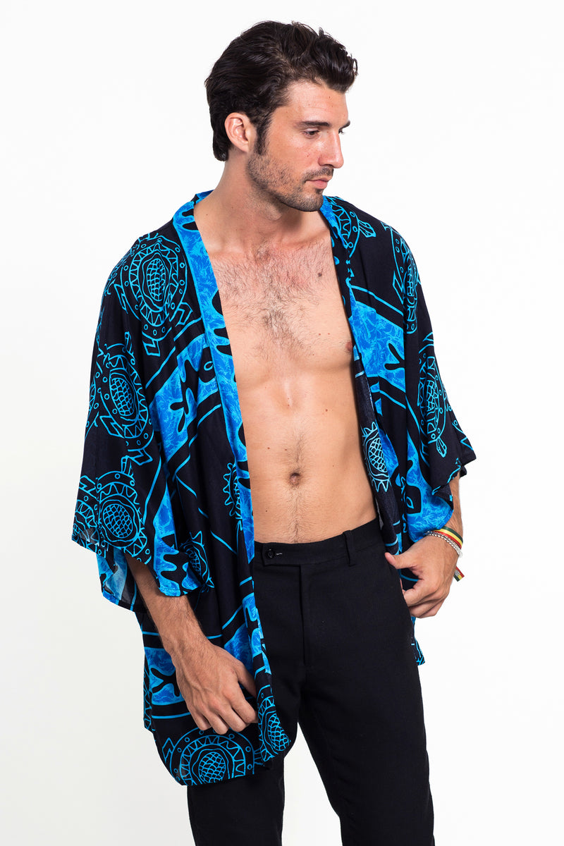 Turtle Print Kimono Cardigan in Blue – Harem Pants
