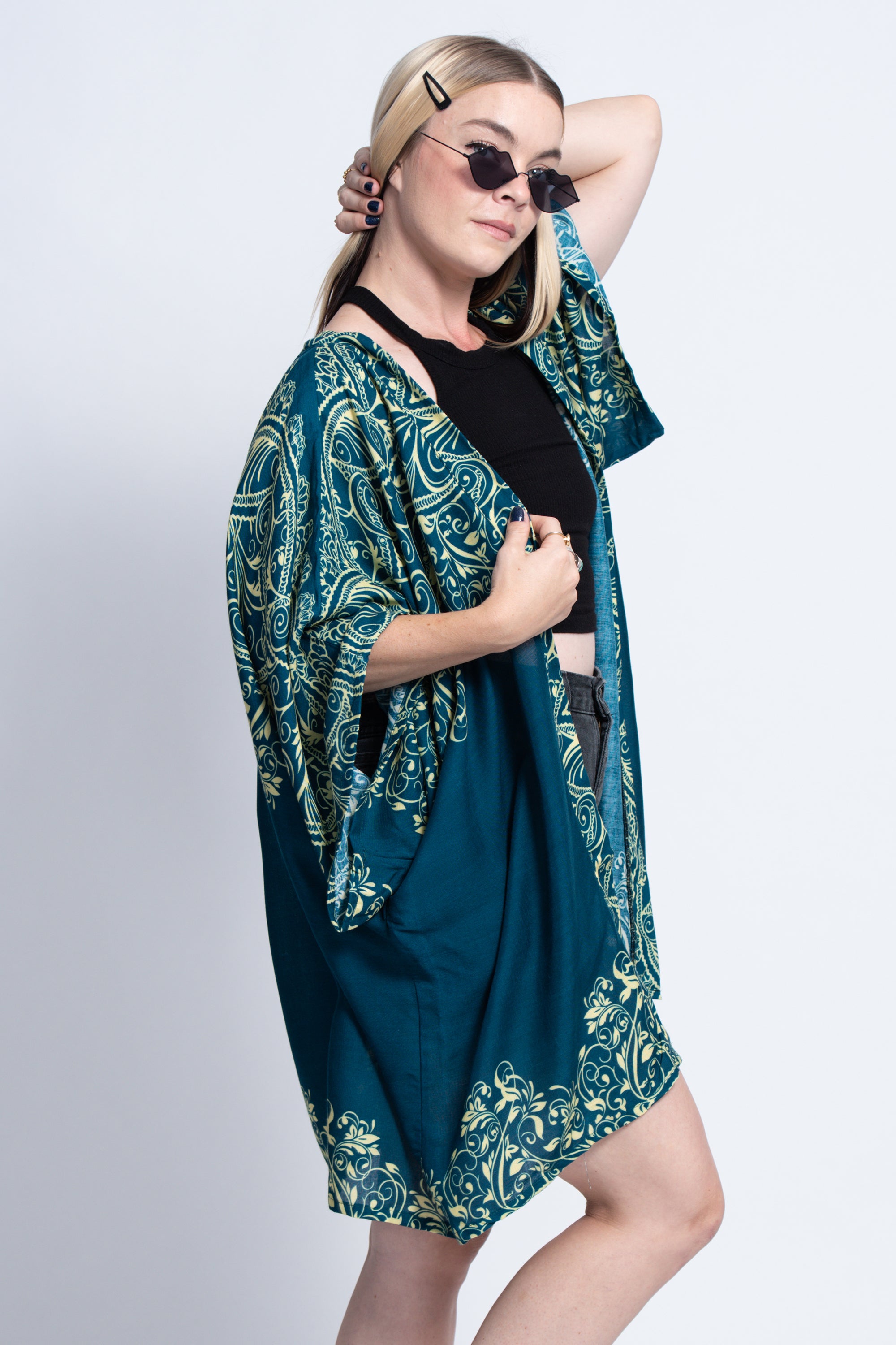 Vines Kimono Cardigan in Turquoise