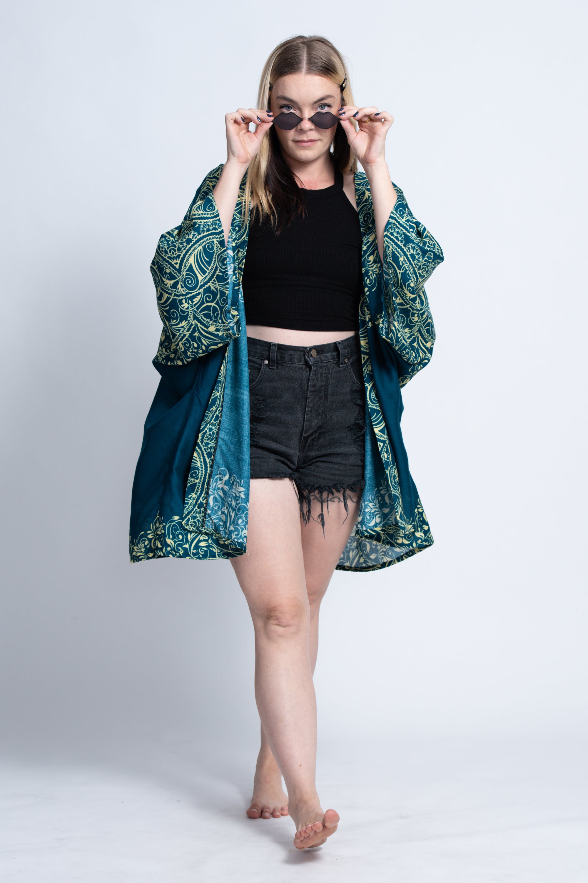 Vines Kimono Cardigan in Turquoise