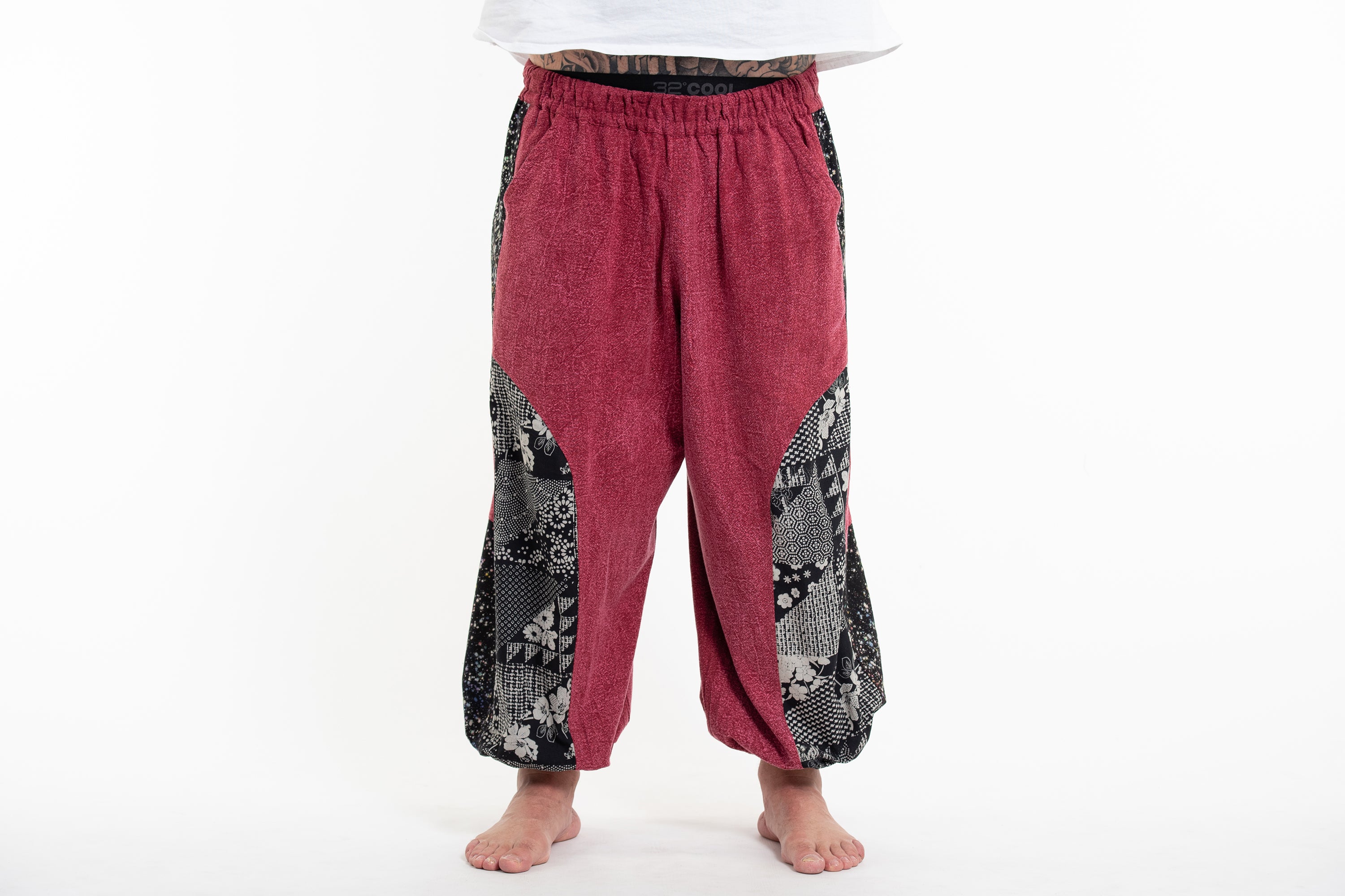 Plus Size Stone Washed Patchwork Men Unisex Pants in Red