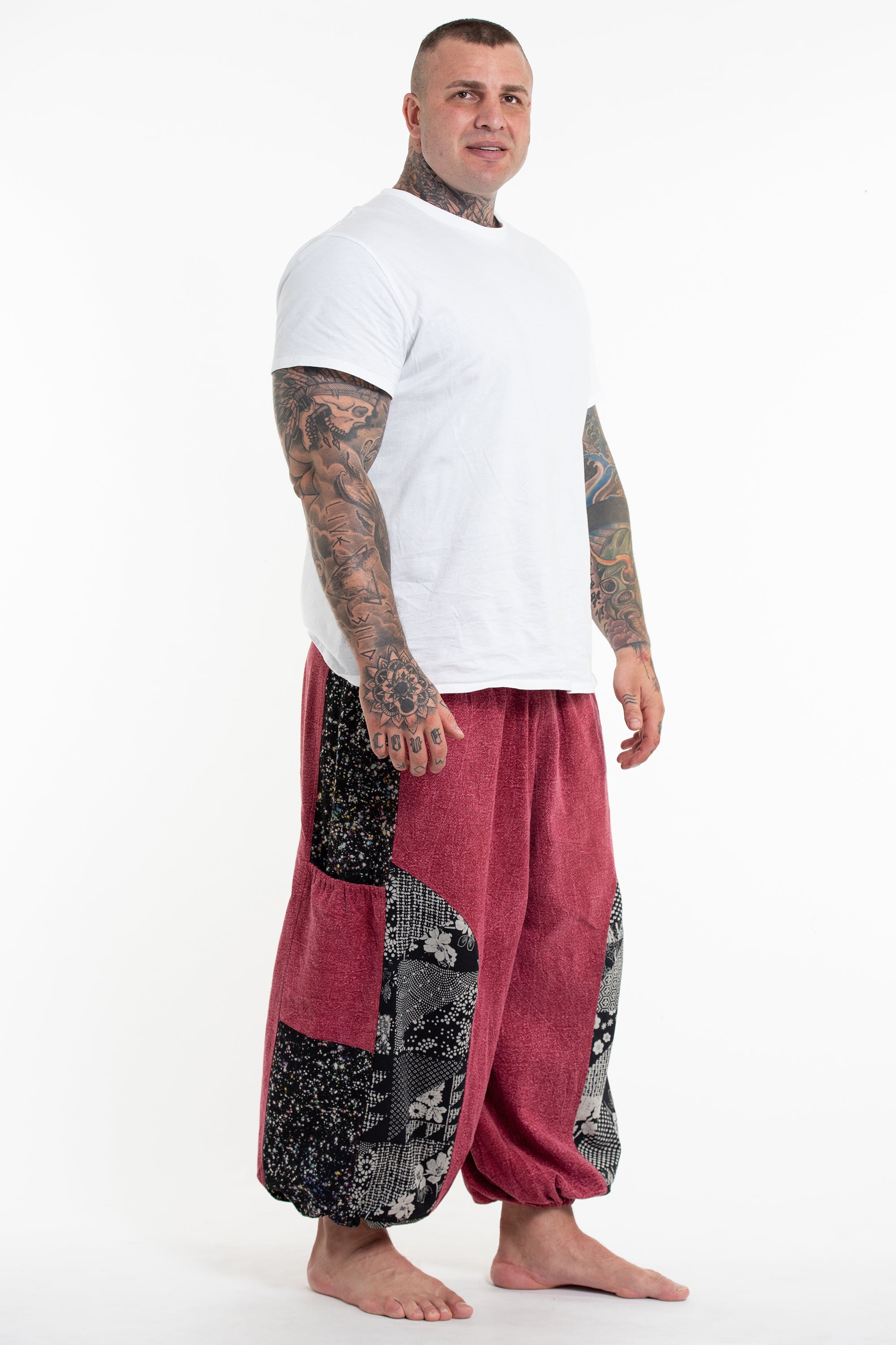 Plus Size Stone Washed Patchwork Men Unisex Pants in Red