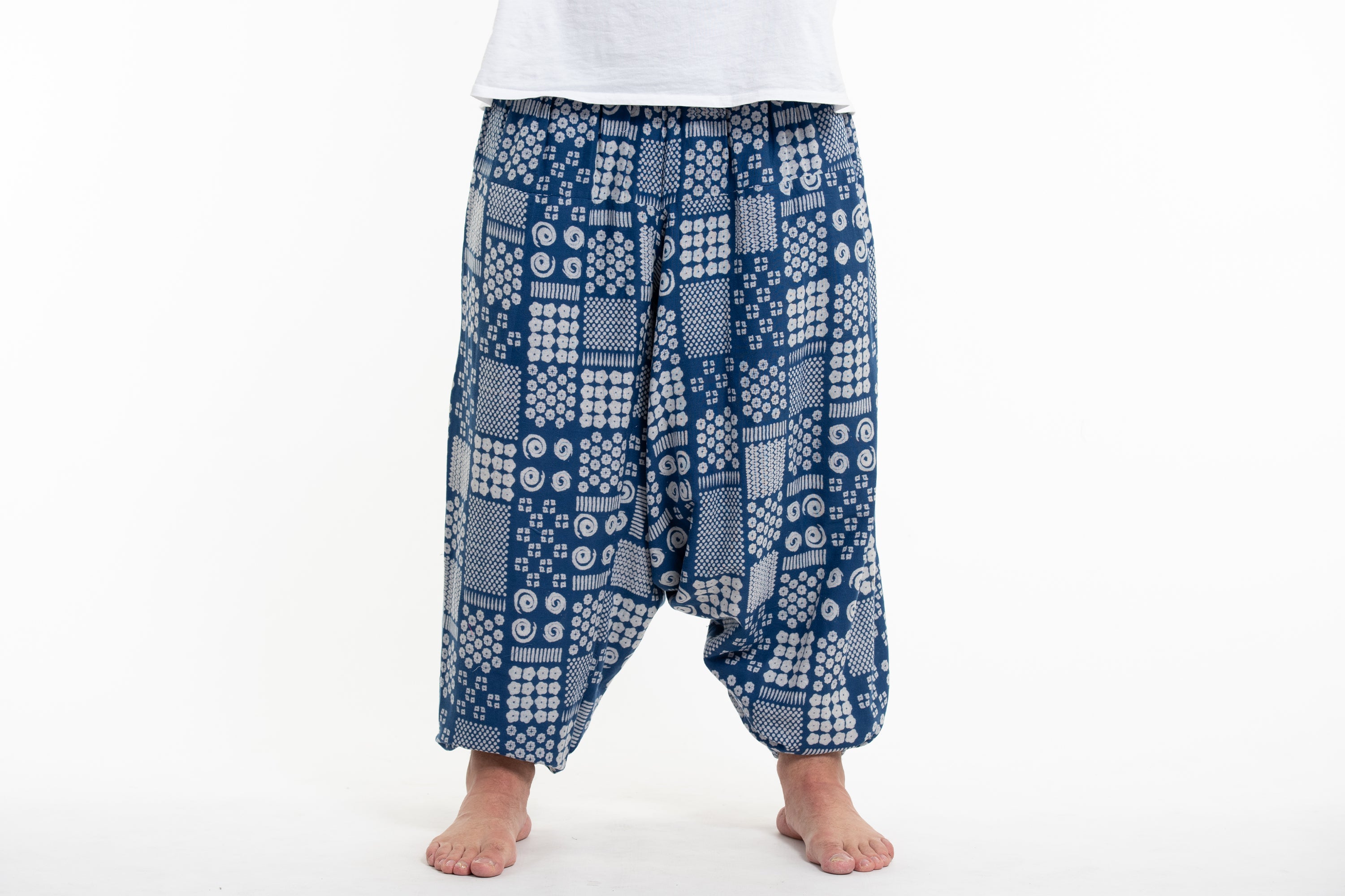 Plus Size Patchwork Prints Men's Low Cut Cotton Harem Pants in Indigo