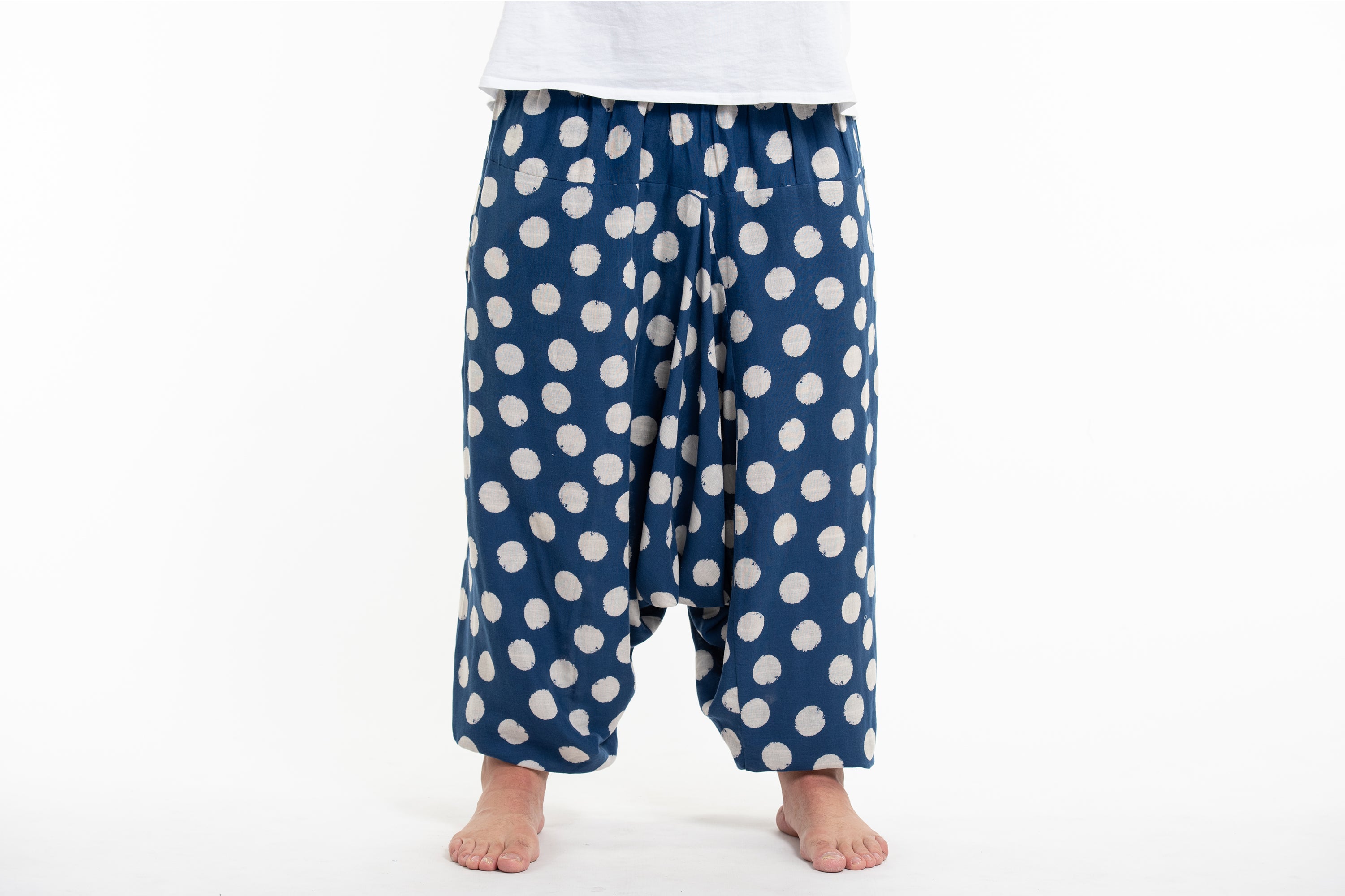 Plus Size Polkadot Prints Men's Low Cut Cotton Harem Pants in Indigo